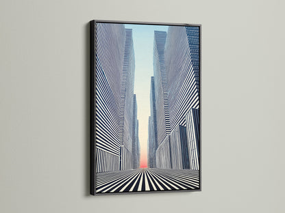 The Cityscape Optical Illusion artwork is presented in a black frame. This striking modern wall art makes a bold statement. The black and white design enhances office and home decor. This geometric canvas provides a sophisticated urban art touch.