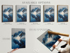 Available options for mountain reflection artwork: stretched canvas print fine art poster paper and floating frame.  Choose the perfect format for your indigo blue lake art.  Ideal for winter landscape office decor.  Select from blue art prints and snowy mountains for landscape artwork.