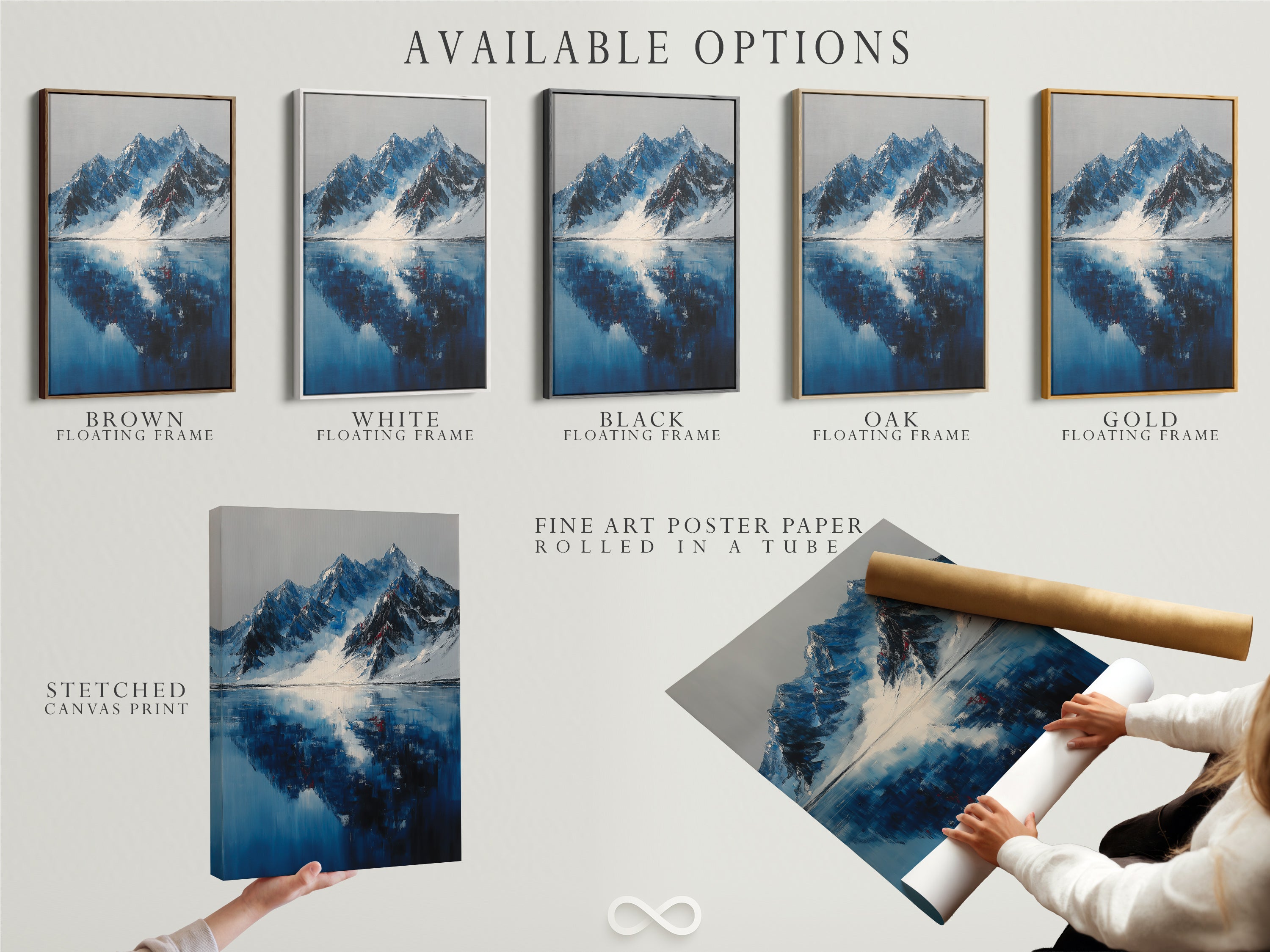 Available options for mountain reflection artwork: stretched canvas print fine art poster paper and floating frame.  Choose the perfect format for your indigo blue lake art.  Ideal for winter landscape office decor.  Select from blue art prints and snowy mountains for landscape artwork.