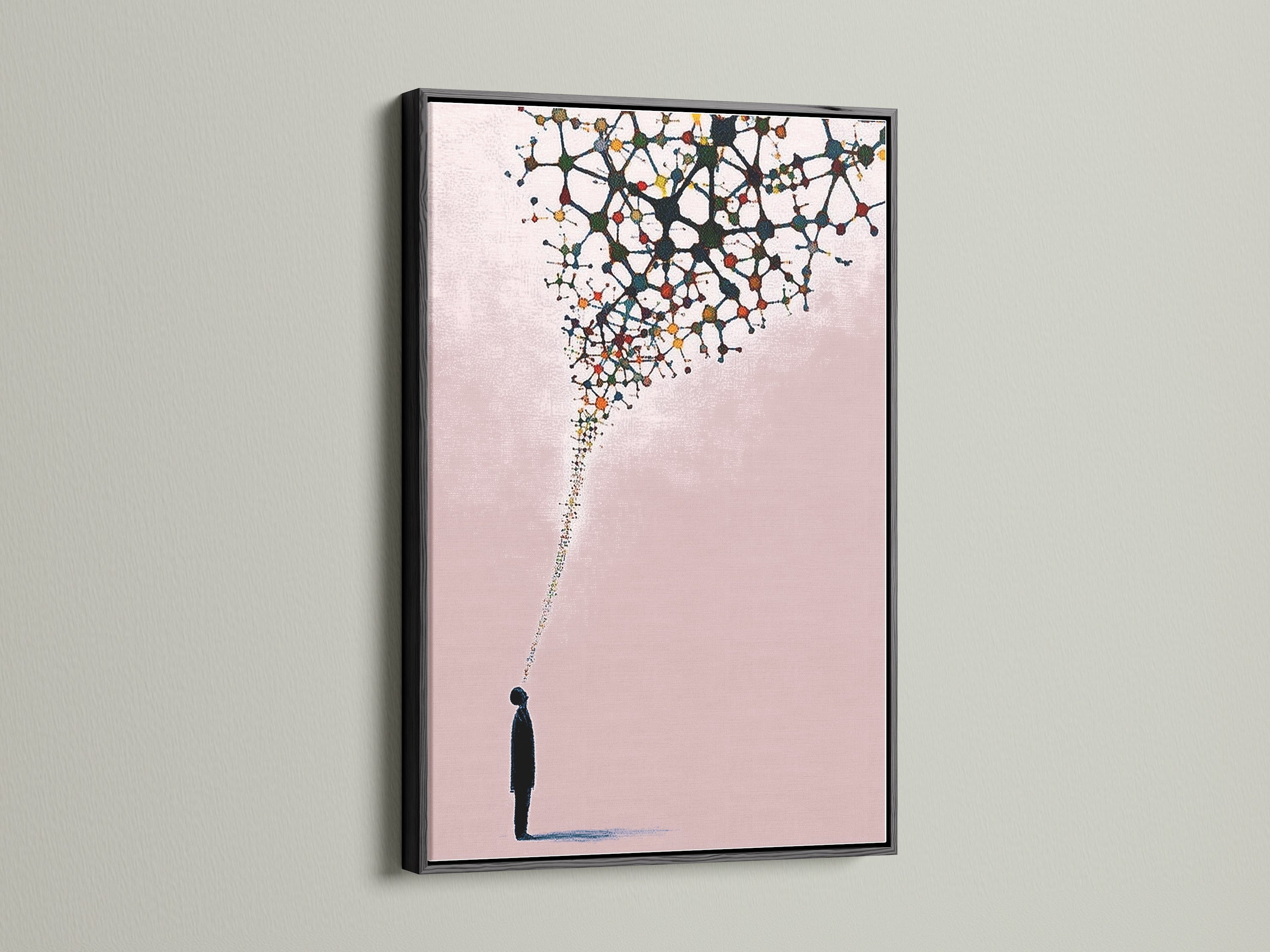 The abstract silhouette art print is presented in a black frame. This modern canvas art piece is perfect for office wall art. The minimalist print complements any contemporary space. It's a striking piece of abstract artwork.