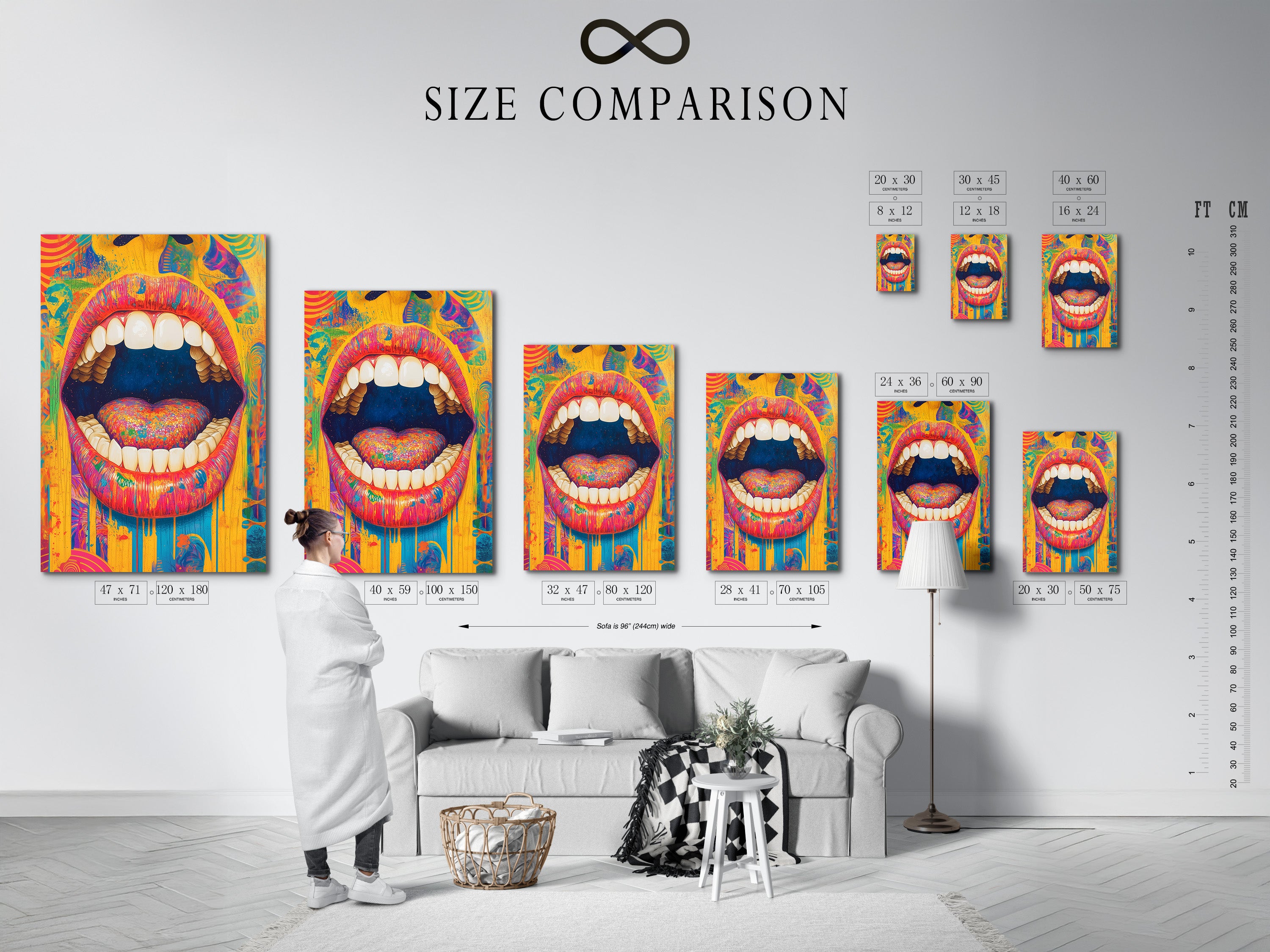 A size comparison chart is displayed in an interior setting. This chart helps you visualize the artwork. See how the psychedelic mouth artwork fits in your space. The rainbow wall art will transform any room.