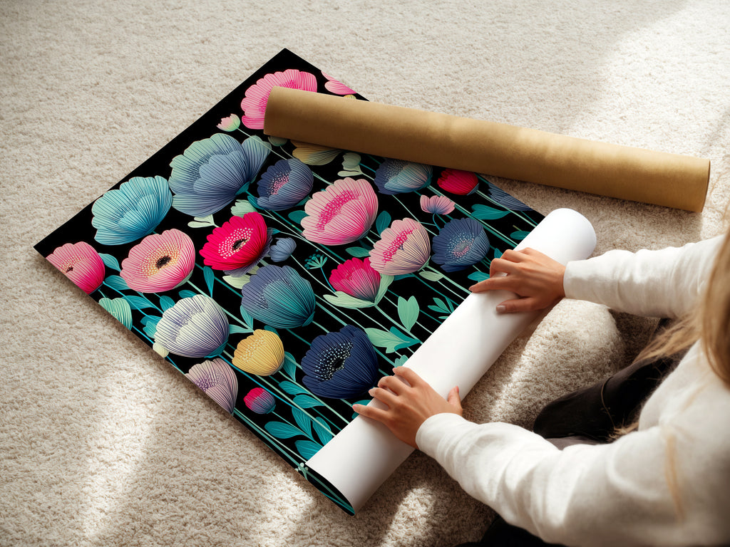 A woman carefully rolls a fine art poster paper. The paper features a modern floral artwork. The colorful flower wall art is perfect for any space. Teal pink and yellow flowers create a vibrant botanical print. Ideal for bedroom decor or living room wall art. Flower prints add a touch of elegance. This modern artwork is ready to be framed.