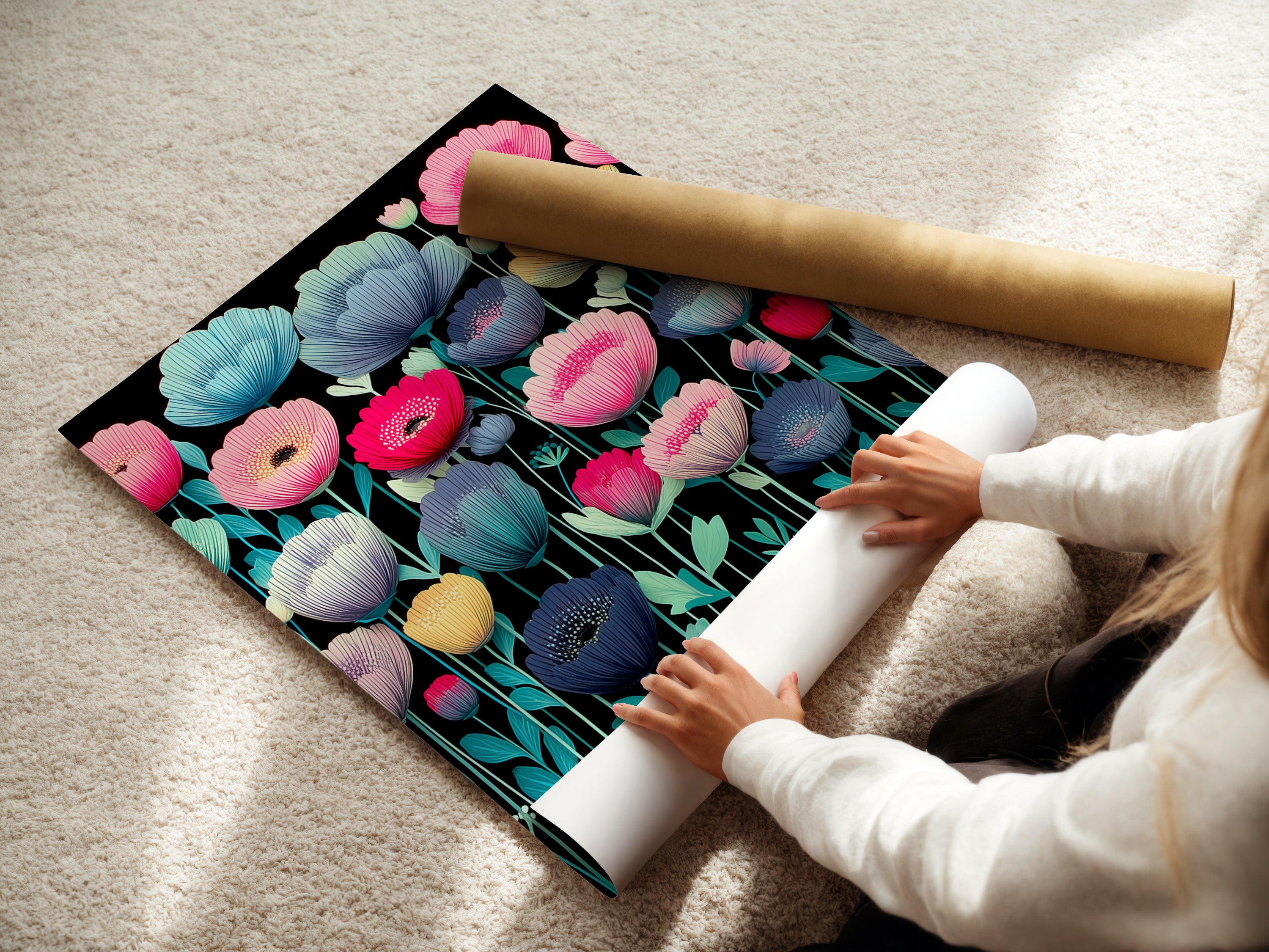 A woman carefully rolls a fine art poster paper. The paper features a modern floral artwork. The colorful flower wall art is perfect for any space. Teal pink and yellow flowers create a vibrant botanical print. Ideal for bedroom decor or living room wall art. Flower prints add a touch of elegance. This modern artwork is ready to be framed.