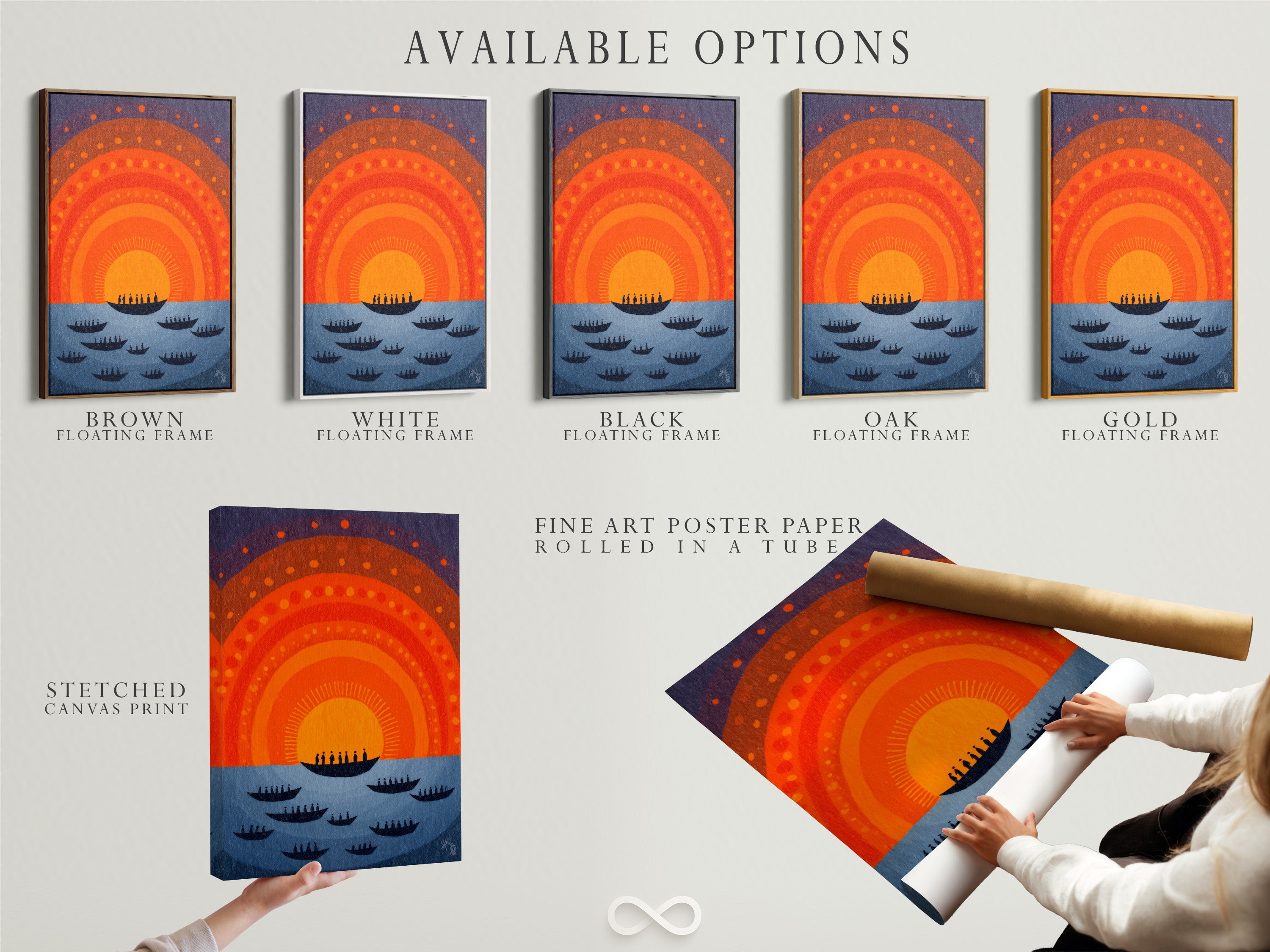 Explore available options for the Sunset Boats artwork. Choose from stretched canvas prints fine art poster paper or floating frames. Customize your art to match your style. Perfect for modern home decor or boho wall art.