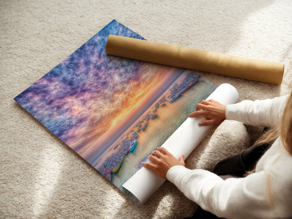 A woman is carefully rolling a Harbor Sunset fine art poster paper. The poster features a beautiful coastal scene with fishing boats at sunset. This fine art paper ensures high quality and vibrant colors. Ideal for homeowners and designers seeking serene wall art. Perfect for framing and displaying in living rooms bedrooms or offices.