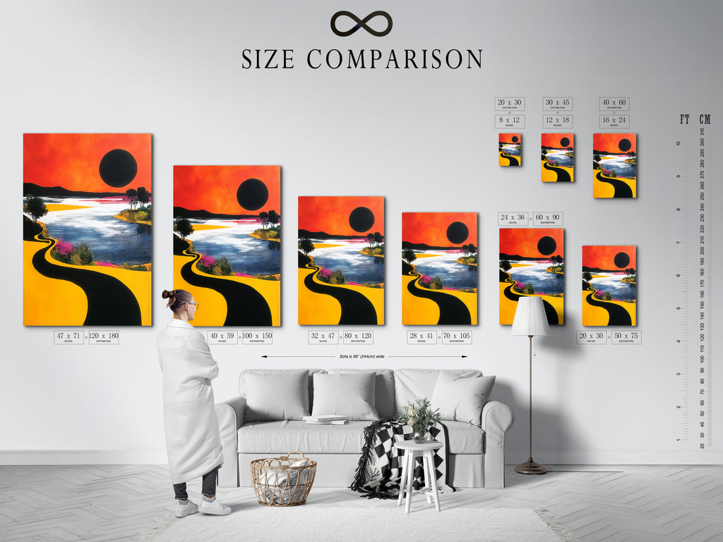 This size comparison chart is displayed in a modern interior. See how different sizes of artwork fit your space. Visualize the impact of large canvas prints or smaller posters. Find the perfect fit today.