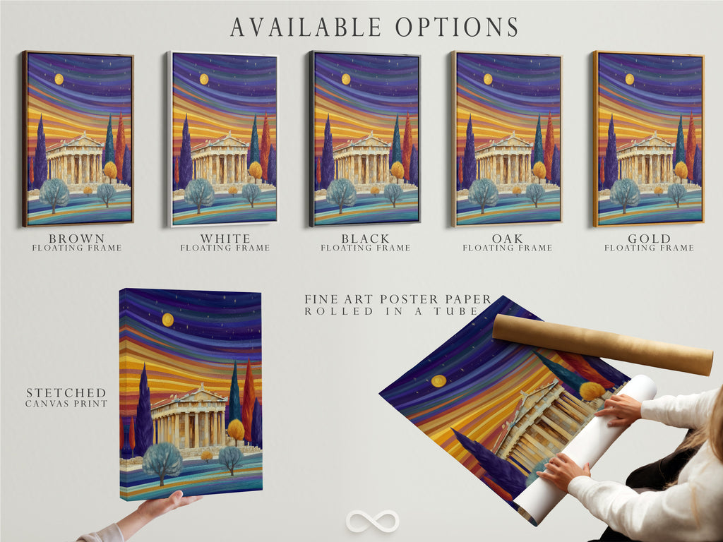 Explore available options for this Parthenon artwork including stretched canvas prints fine art poster paper and floating frames. Customize your choice to match your style. The colorful sunset landscape and ancient Greek architecture enhance any space.