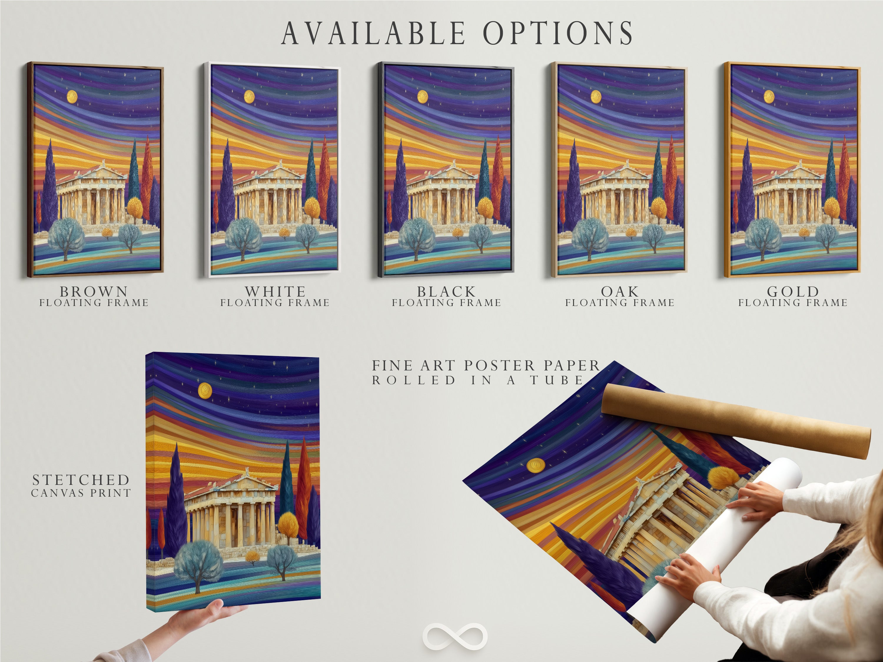 Explore available options for this Parthenon artwork including stretched canvas prints fine art poster paper and floating frames. Customize your choice to match your style. The colorful sunset landscape and ancient Greek architecture enhance any space.
