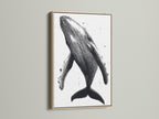 Humpback Whale art print in an oak frame. A stunning piece of ocean wall decor. The dotted whale art complements minimalist and Scandinavian styles. This marine animal print is ideal for living rooms or beach houses. A beautiful whale artwork