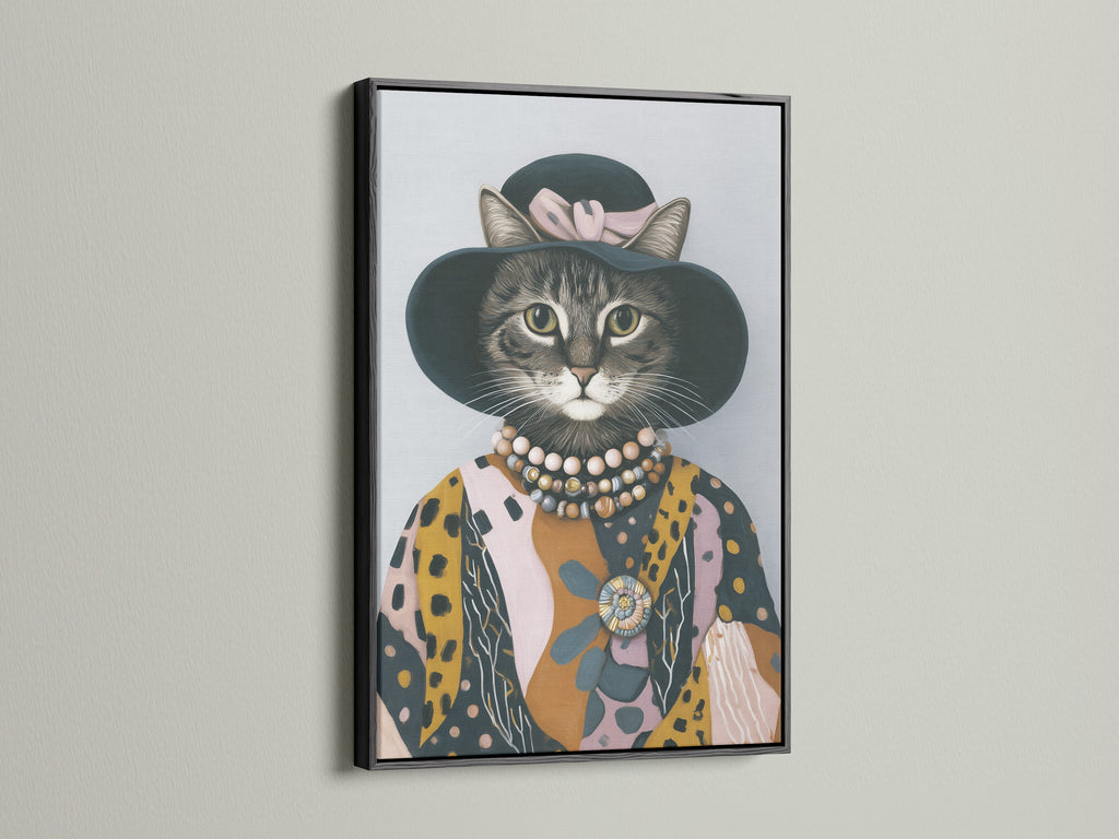 Vintage cat portrait art in a sleek black frame. This animal portrait art is a striking piece for any wall. The cat canvas print creates a focal point. Great for eclectic wall art in your home.