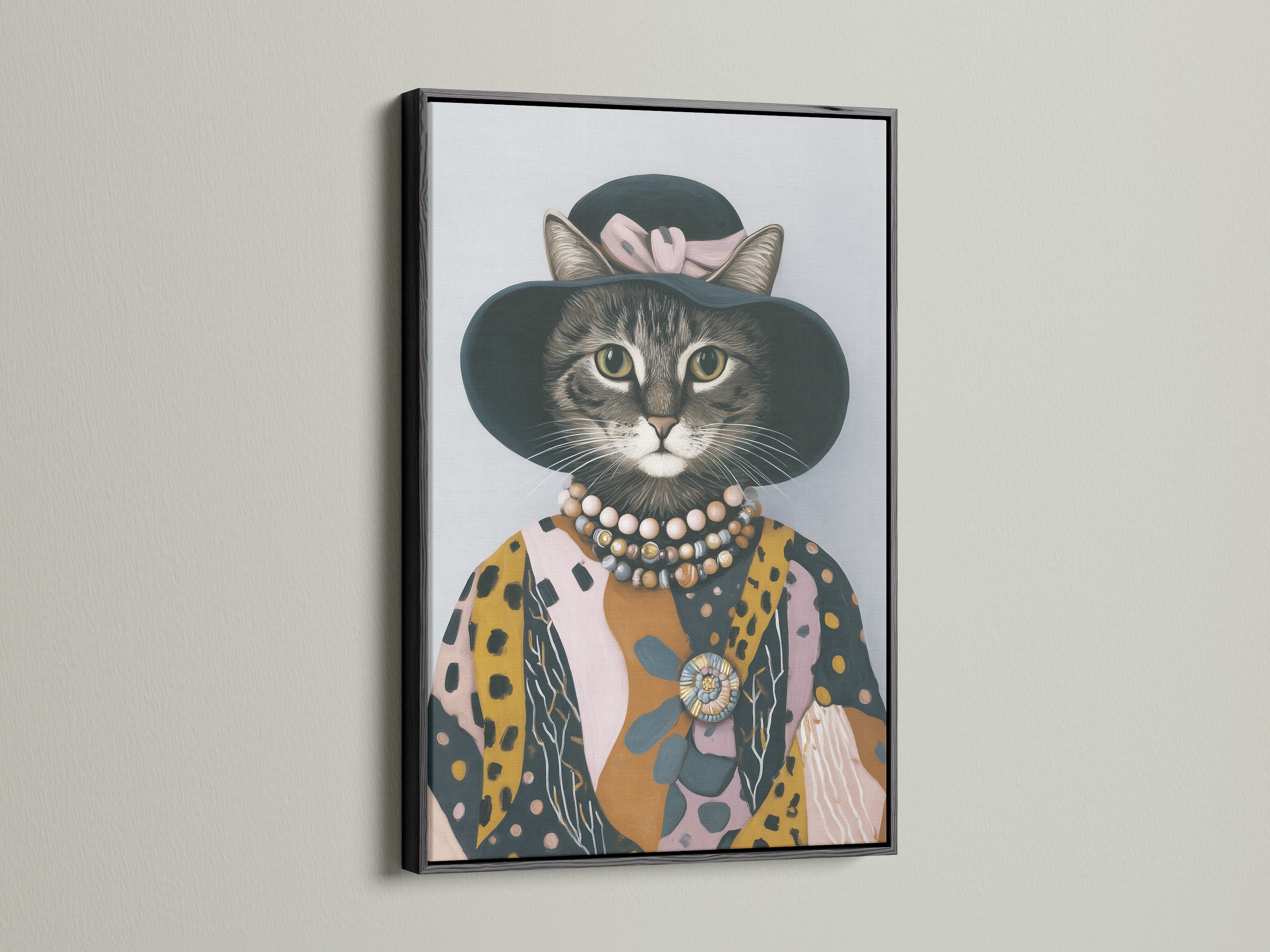 Vintage cat portrait art in a sleek black frame. This animal portrait art is a striking piece for any wall. The cat canvas print creates a focal point. Great for eclectic wall art in your home.