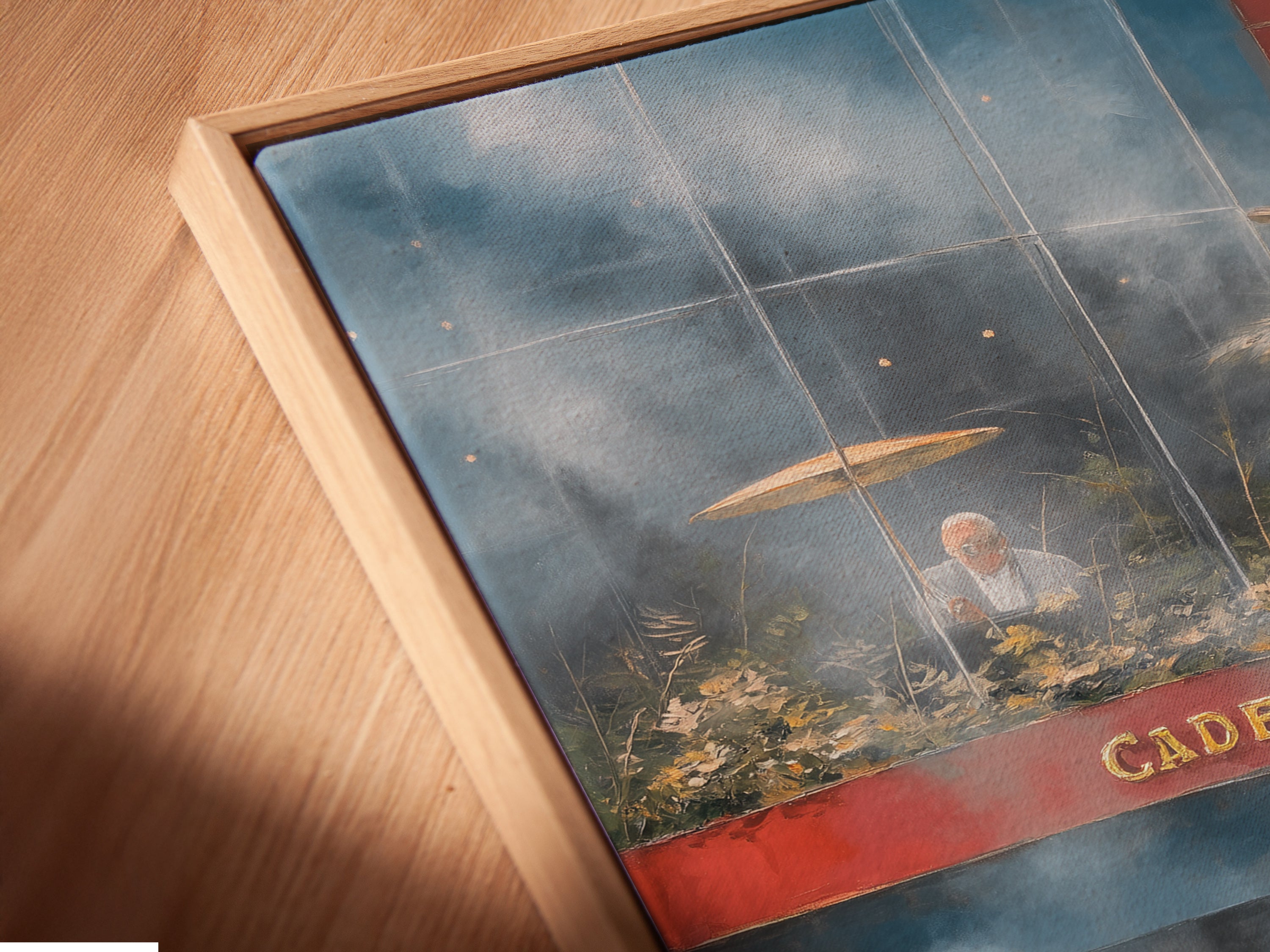 A close-up showcases the canvas print in a floating frame. This New Orleans jazz band artwork adds sophistication to any space. Ideal for music enthusiasts and vintage decor lovers. Perfect as living room wall art or cafe wall art. Enhance your space with this musical artwork.