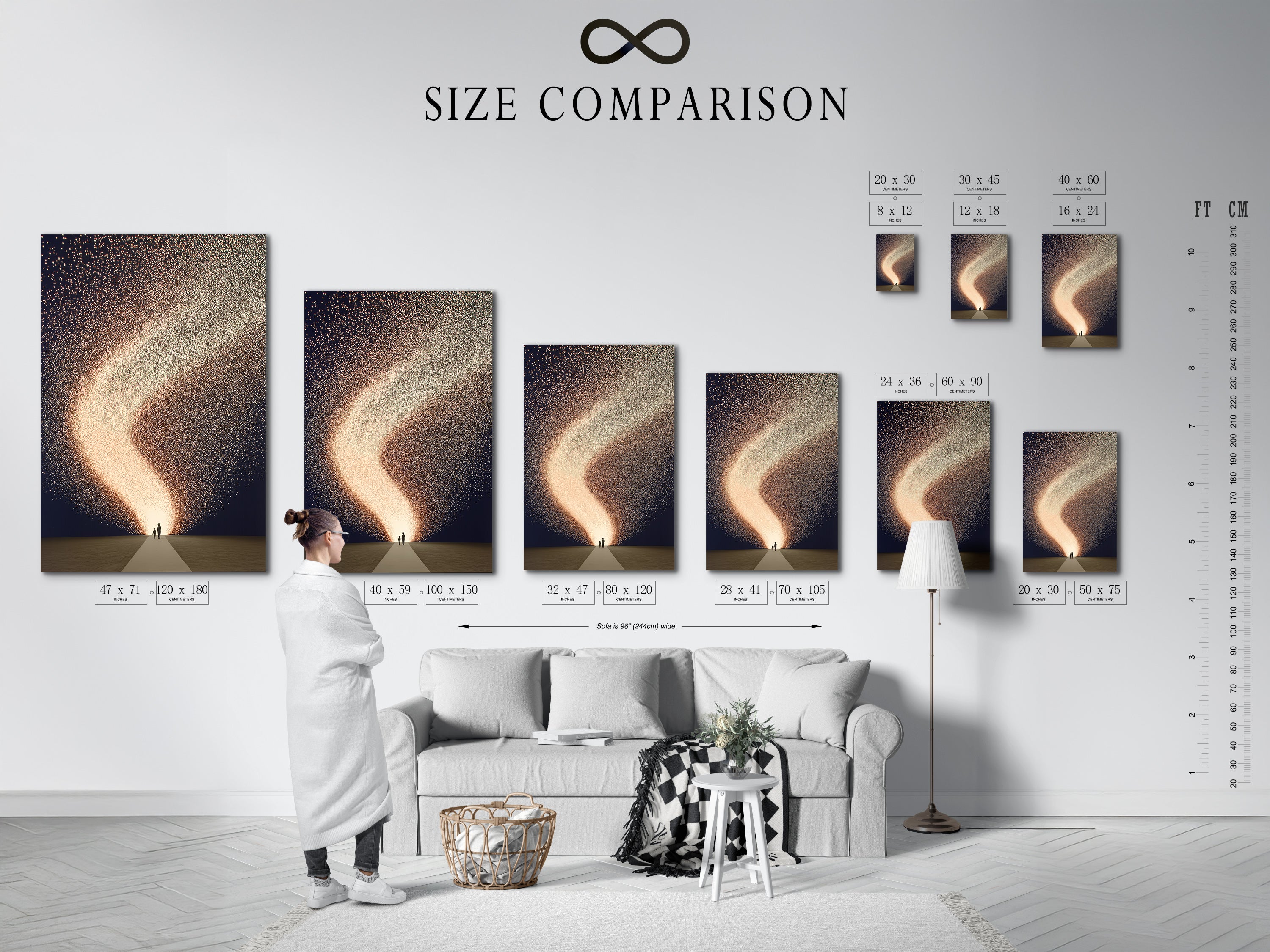 Size comparison chart showcasing the dimensions of the celestial art print in an interior setting. Visualize how this abstract family artwork fits your space. Perfect for living room bedroom or nursery wall art. This cosmic sparkle poster is ideal for modern home decor. Choose the perfect size for your dreamy wall art.