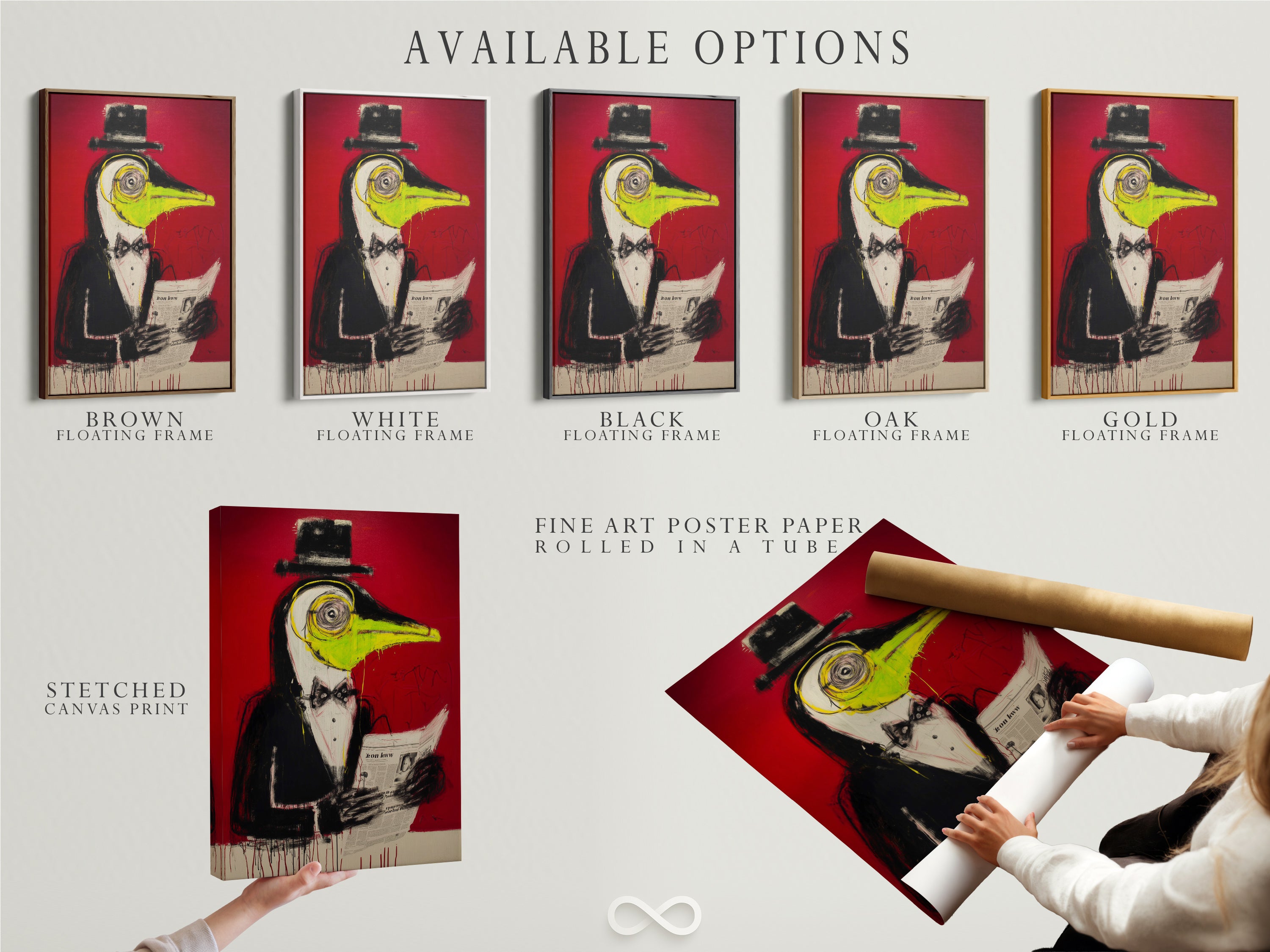 Available options for surreal bird artwork. Choose between a stretched canvas print fine art poster paper or floating frame. This quirky animal art with a red abstract will enhance any space.