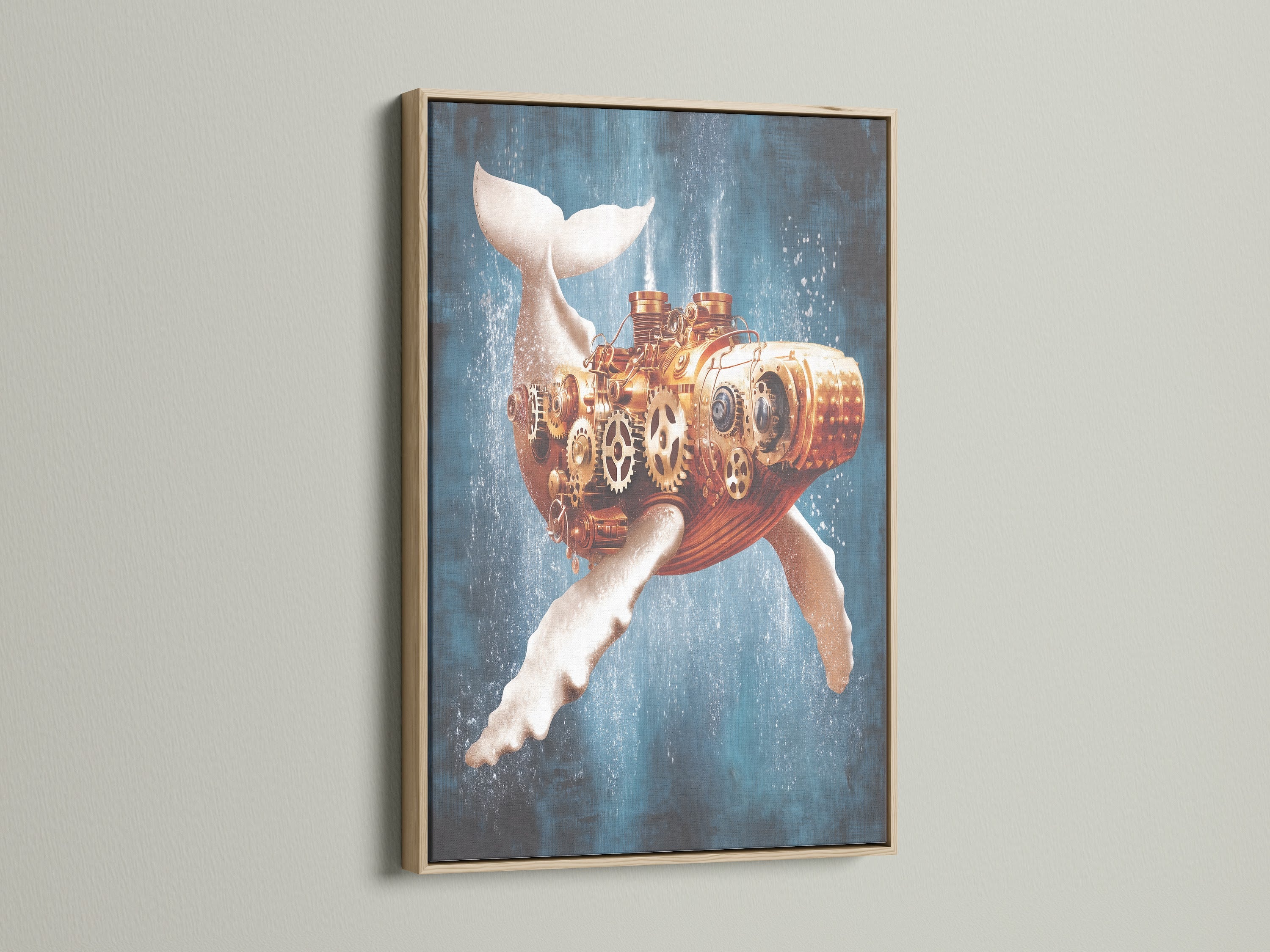 Steampunk Whale canvas artwork in an oak frame. This mechanical whale art combines nautical wall decor with vintage steampunk aesthetics. It’s ideal for steampunk enthusiasts and nautical decor lovers. The print adds a unique touch to any themed cafe.