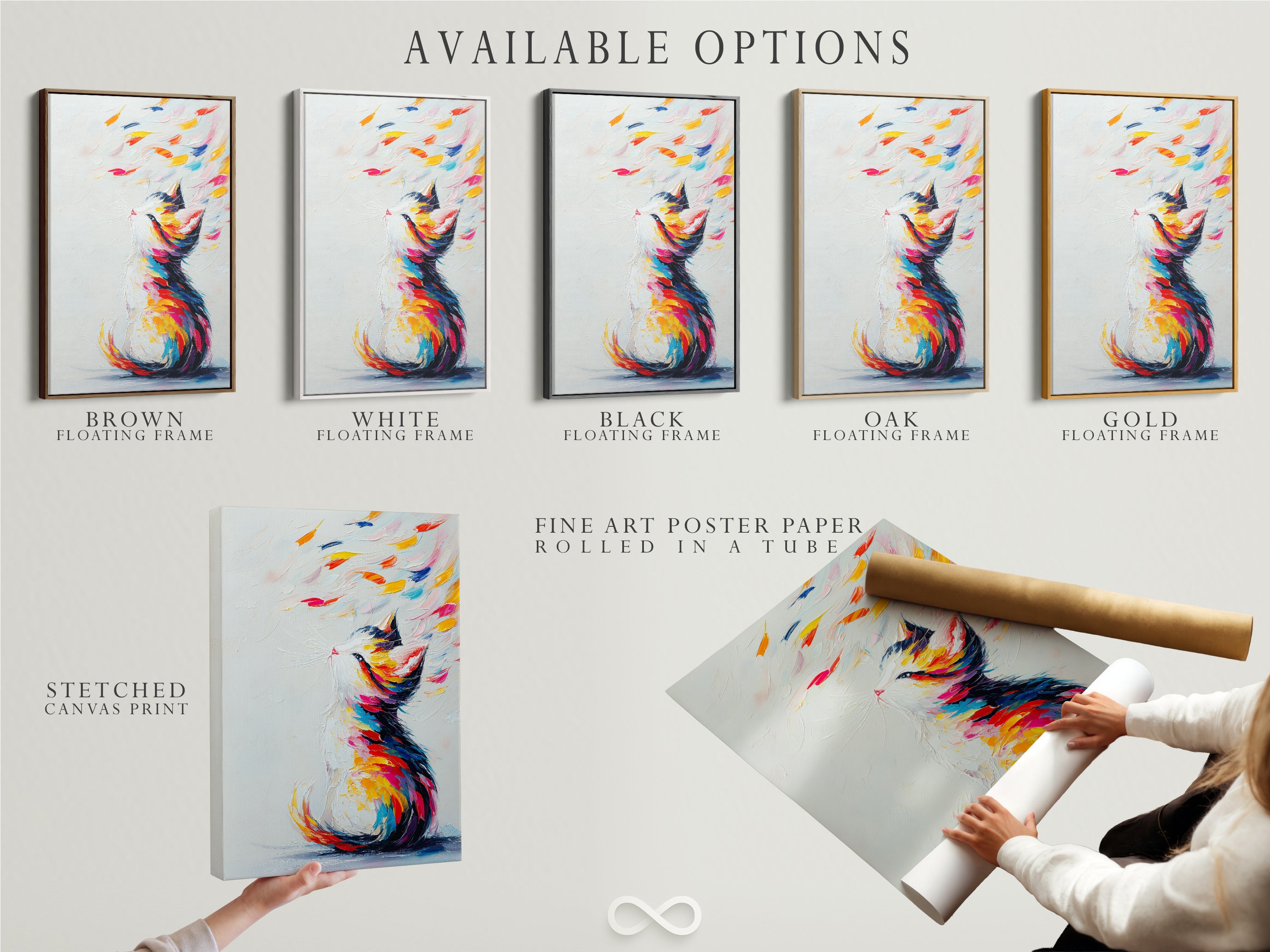 The image shows available options for a colorful cat artwork. Stretched canvas print fine art poster paper and floating frame are all displayed. Select your preferred format to match your style. This abstract pet print is perfect for any room. Explore joyful contemporary art choices.