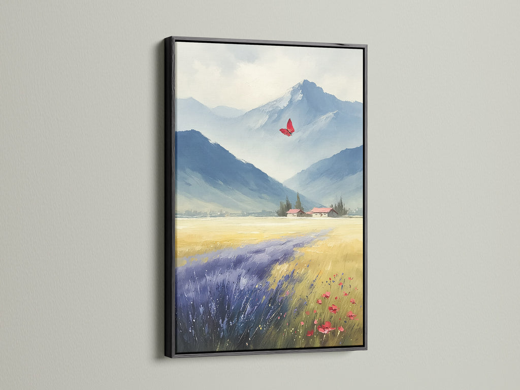 Mountain Valley canvas print with a black frame. Butterfly painting complements the landscape. This countryside decor fits neutral styles well. The nature wall art creates a serene atmosphere. This mountain artwork enhances your living space. Consider this nature painting for your home.
