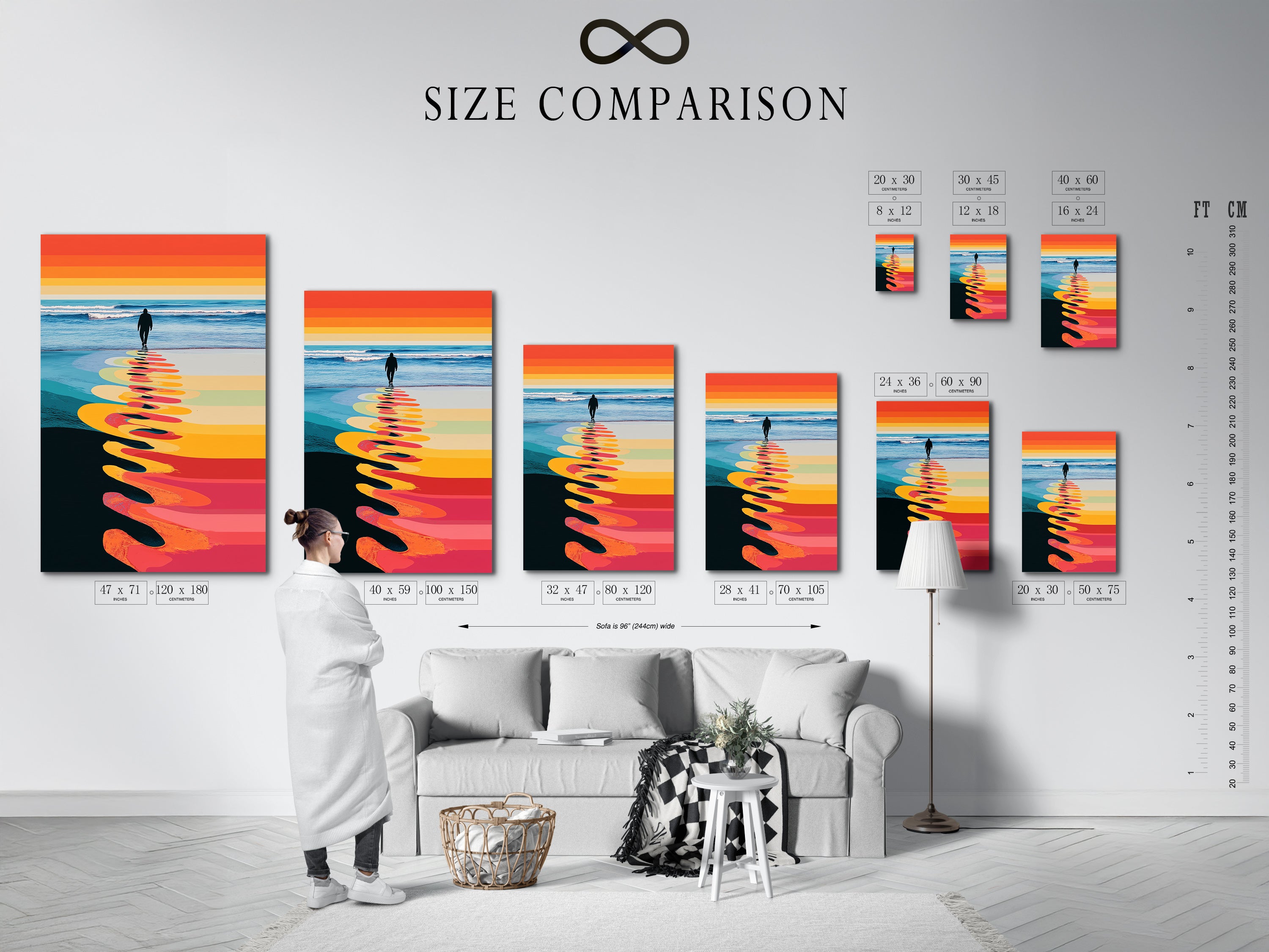 A size comparison chart is shown in an interior setting. Visualize how the retro striped seascape wall art fits in your space. Choose the perfect size for your beach canvas art. This coastal artwork enhances any room. See the impact of this modern art print.