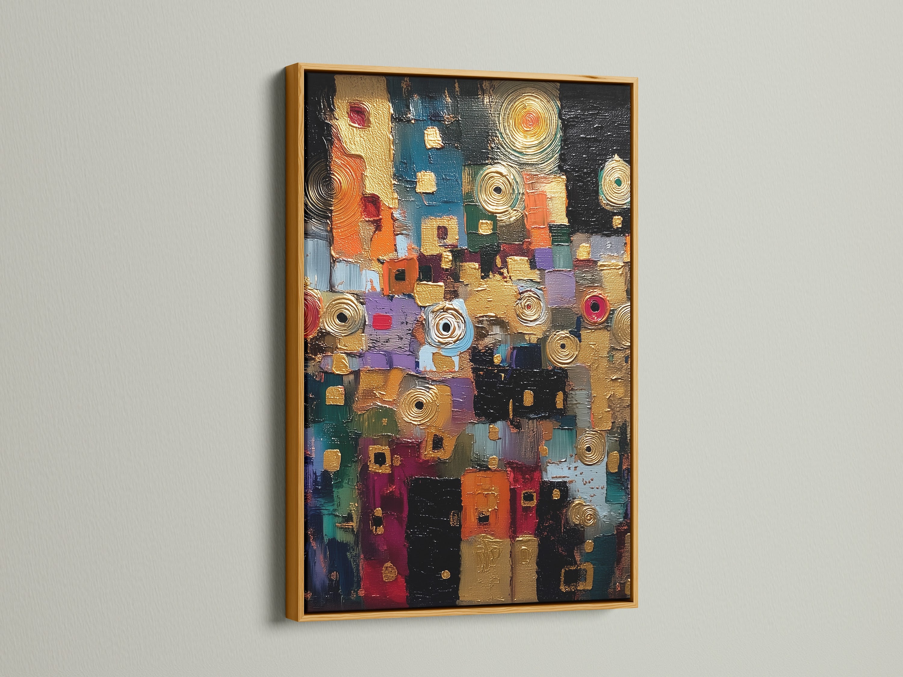 Abstract textured canvas art with a gold frame. The colorful modern wall art is a contemporary print. The mixed media artwork is perfect for office decor. The vibrant abstract artwork adds style to living rooms boutiques and offices. It is an excellent choice for studio decor.