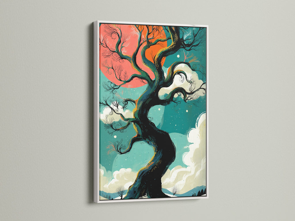 Teal and coral sky winter tree artwork in a white frame. This fantasy landscape poster adds a modern touch to any space. Enhance your bedroom decor with this nature-inspired artwork. A whimsical art piece.