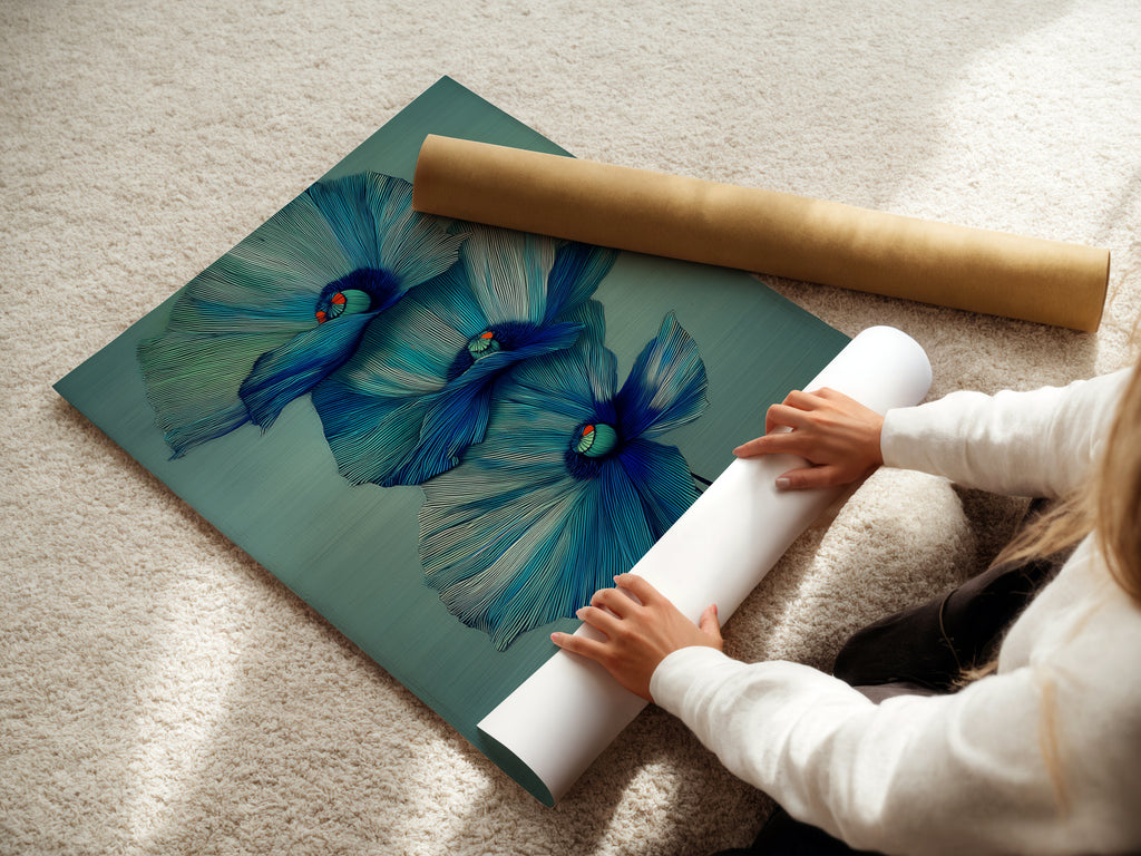 A woman is carefully rolling a fine art poster paper. Ensuring the quality and preservation of the artwork. Our fine art prints are perfect for any space. Explore our range of modern botanical wall art today.