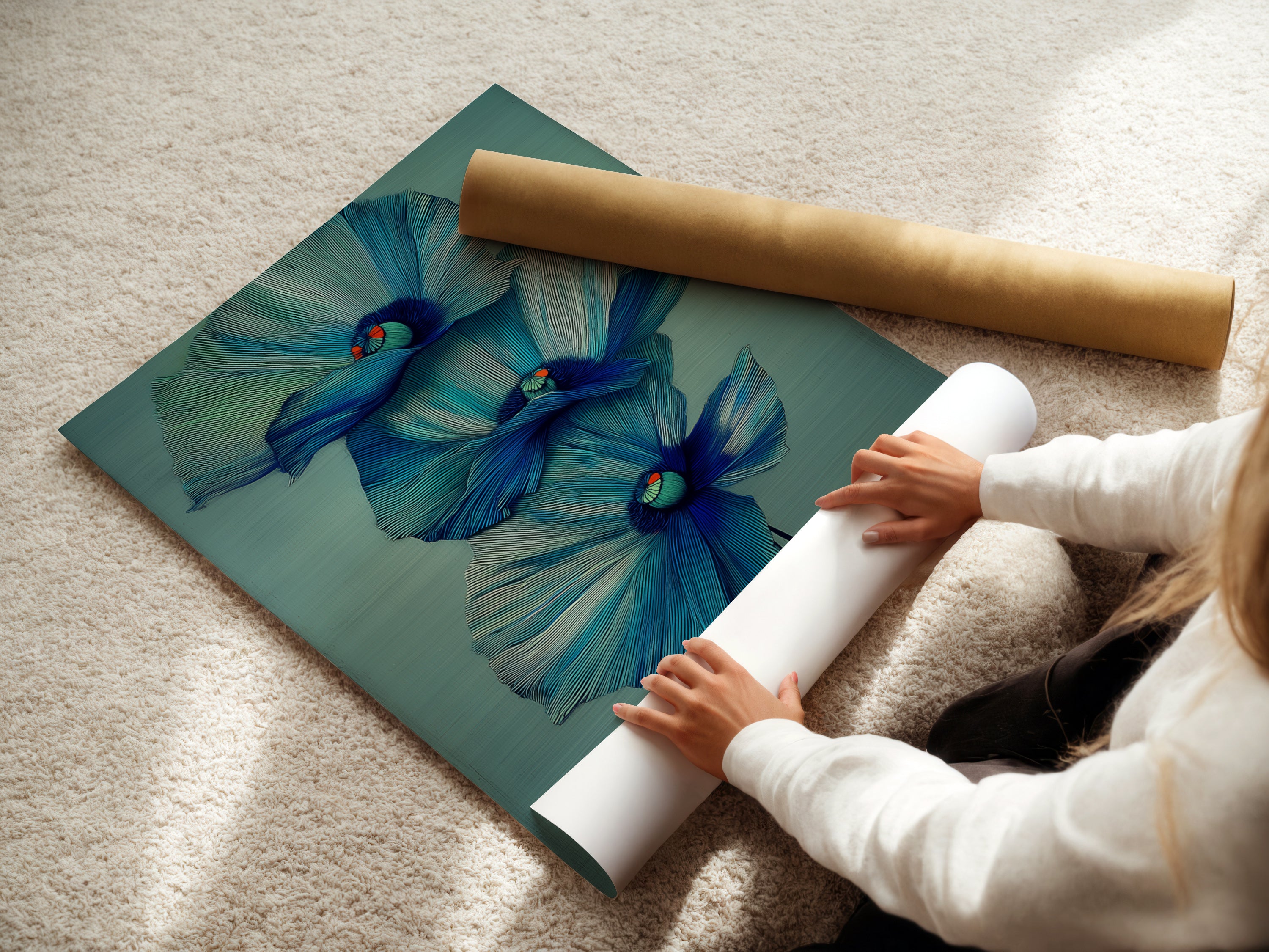 A woman is carefully rolling a fine art poster paper. Ensuring the quality and preservation of the artwork. Our fine art prints are perfect for any space. Explore our range of modern botanical wall art today.