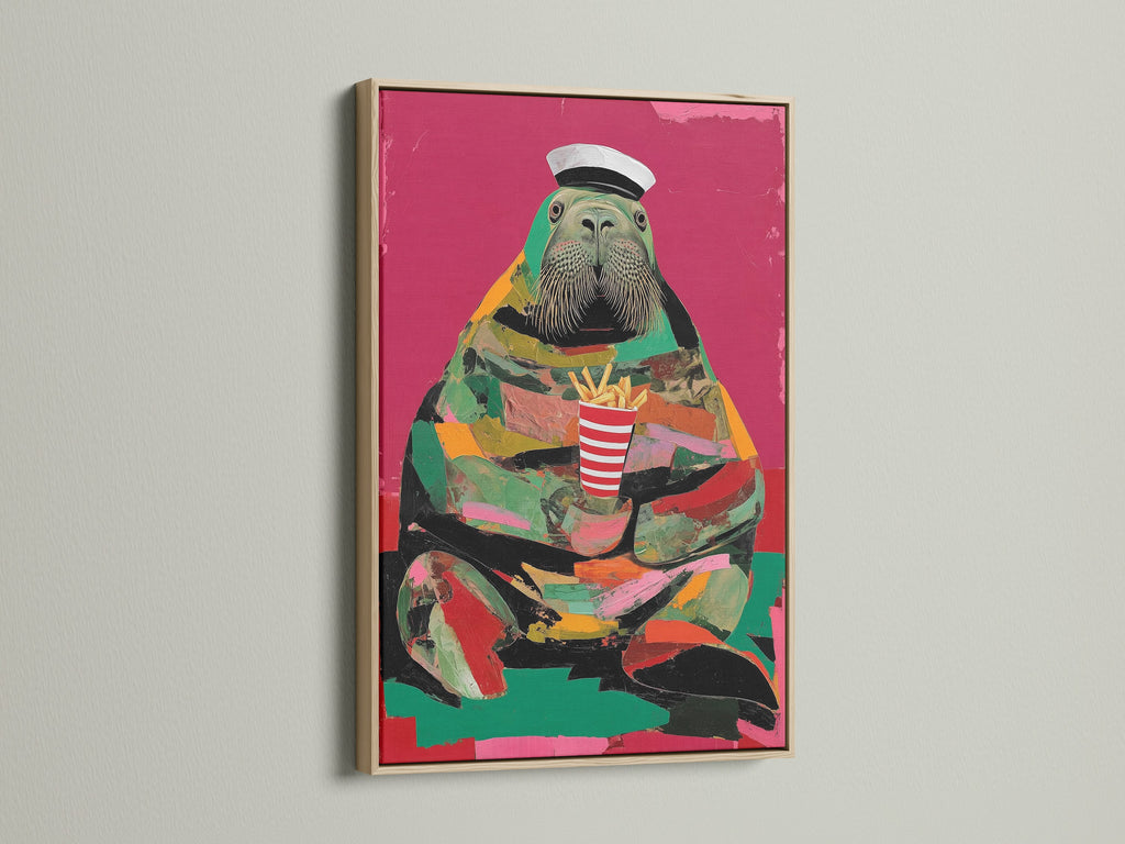 A walrus art print in an oak frame. This sailor animal art is perfect for adding a nautical touch. It's a funny animal print that brings retro flair to your wall decor. Contemporary style.
