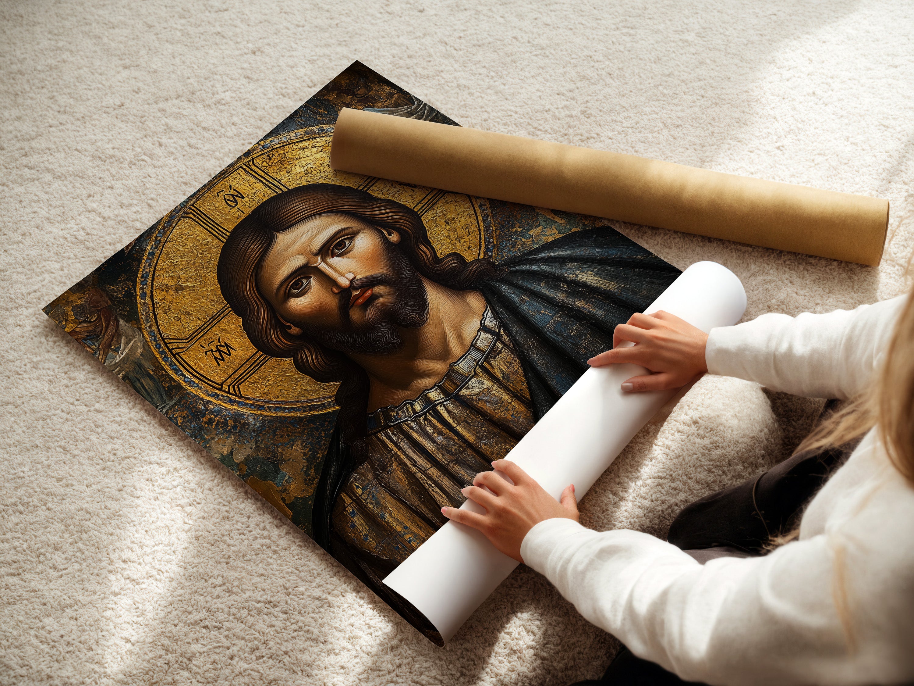 A woman carefully rolls fine art poster paper. This ensures the artwork is preserved. The poster paper is archival quality. It will protect the art for years. High-quality materials for your art prints. Explore our paper options today.