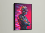 Formula Racing driver portrait. The artwork is set in a sleek black frame. This neon motorsport art adds a modern touch. It's suitable for offices and man cave decor.