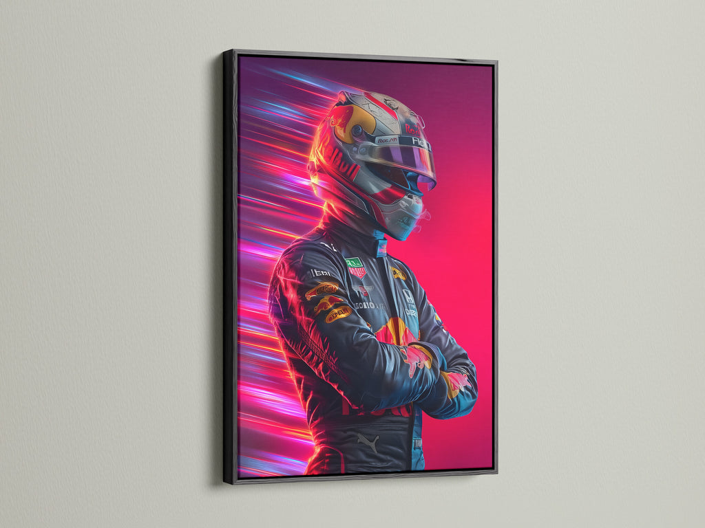 Formula Racing artwork presented in a black frame. This automotive wall art features a neon speed theme. Enhance your man cave decor with this racing driver art. Perfect for modern and industrial styles.