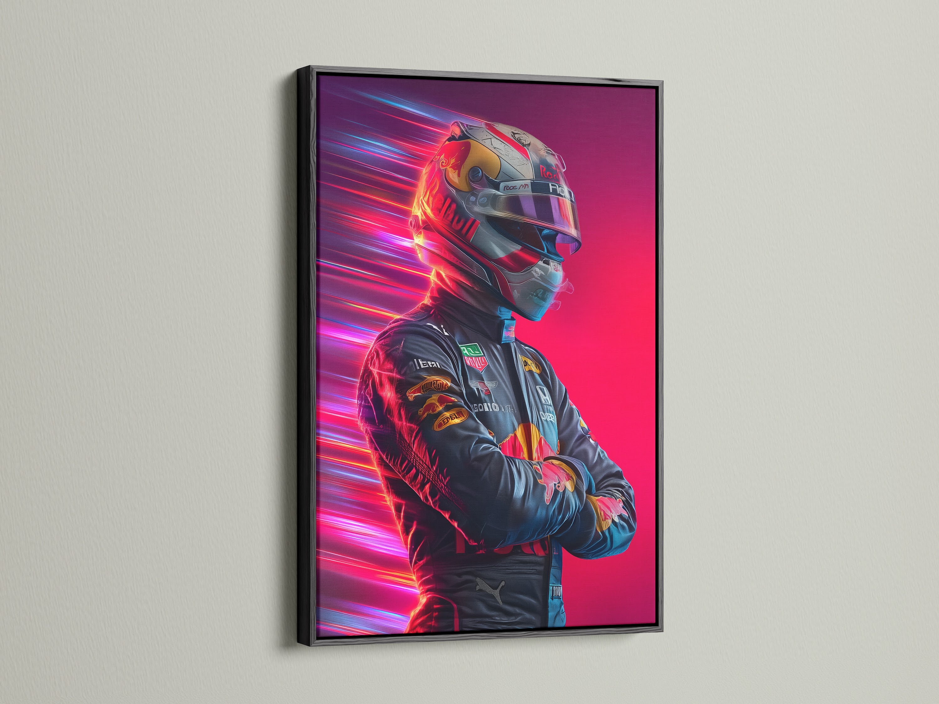 Formula Racing artwork presented in a black frame. This automotive wall art features a neon speed theme. Enhance your man cave decor with this racing driver art. Perfect for modern and industrial styles.