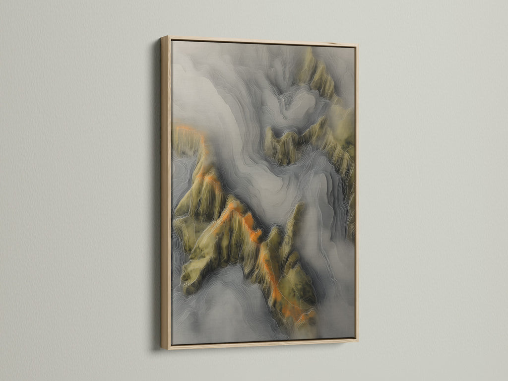 Oak frame art. The artwork showcases a topographical map with precise contours. The oak frame complements the art. It adds a touch of natural warmth. This combination enhances the overall aesthetic appeal of the piece.