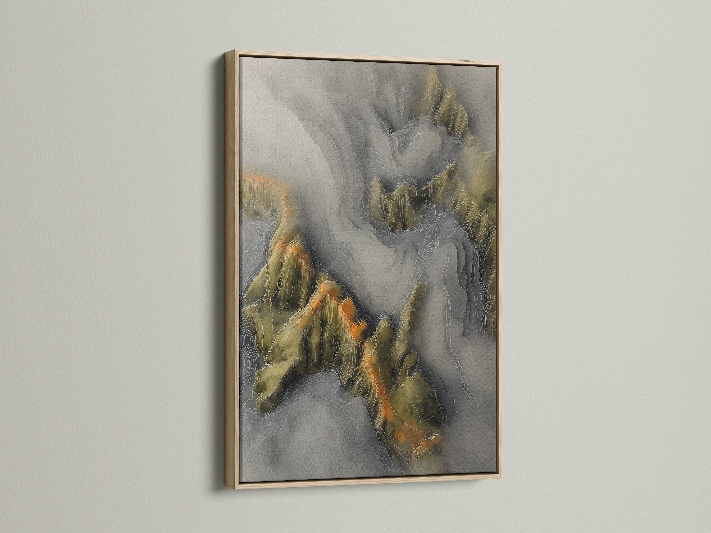 Oak frame art. The artwork showcases a topographical map with precise contours. The oak frame complements the art. It adds a touch of natural warmth. This combination enhances the overall aesthetic appeal of the piece.