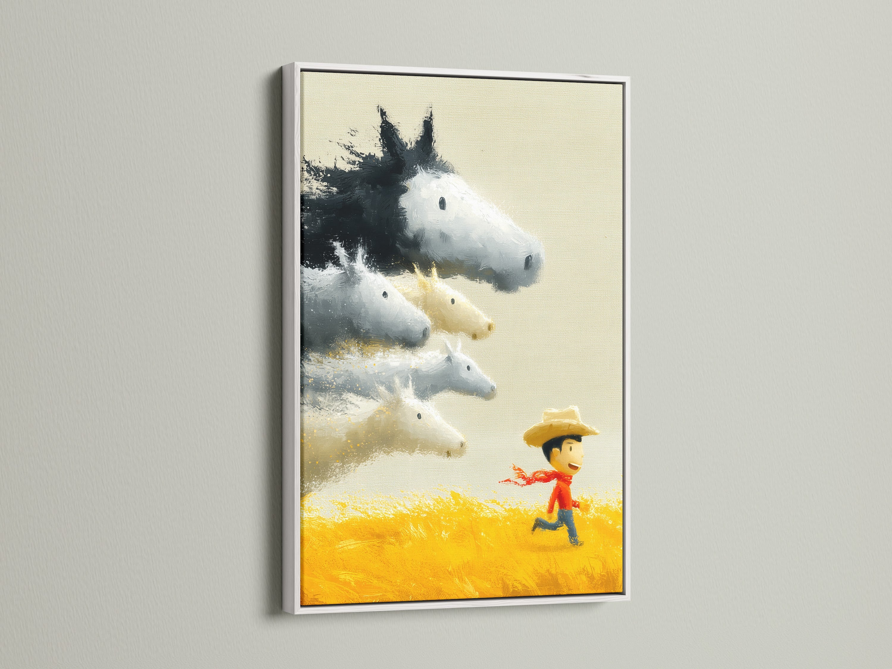 Whimsical art of a boy running in a field with horses. The art is framed in a white frame. This artwork adds a playful touch. It would be great for a kids room.