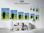 Size comparison chart in an interior setting. This helps visualize the artwork's dimensions in your space.  Find the perfect fit for your living room bedroom or office. Available in multiple sizes.