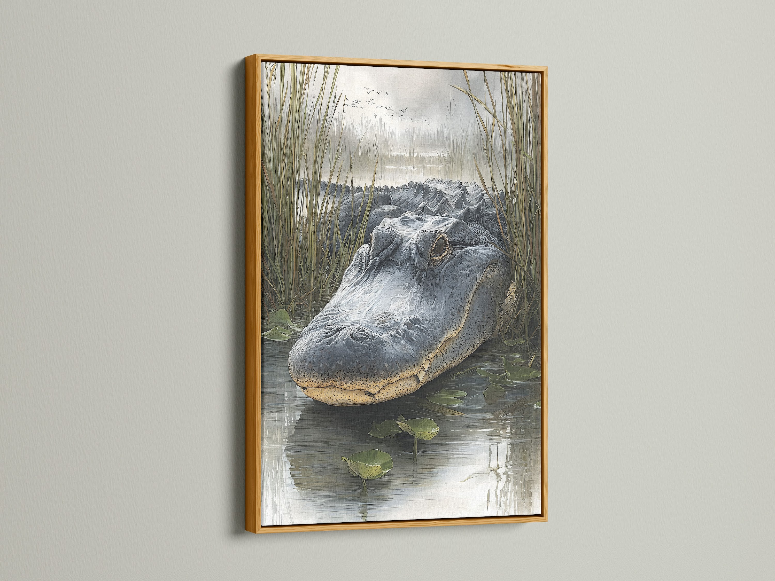 Artwork featuring an alligator in a gold frame. A gold frame adds a touch of luxury to the artwork. The metallic frame enhances the elegance. Perfect for adding glamour to your space.