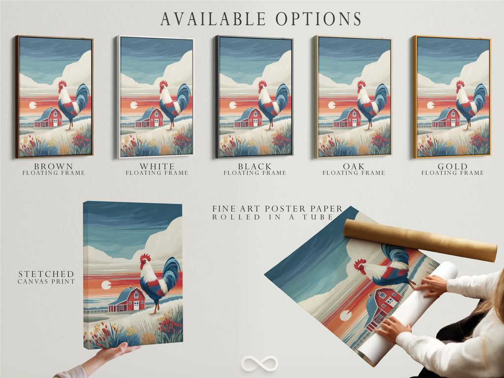 Available options for our rooster artwork. Choose from stretched canvas prints fine art poster paper or a floating frame. Farmhouse wall art to suit any style. Enhance your country kitchen or dining room. Order your art today.