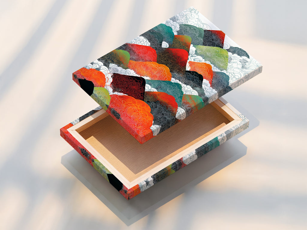 A stretched canvas print showcases a mountain range artwork. This abstract landscape canvas is ready to hang. This colorful nature wall decor adds a touch of modern elegance to any home office. The stretched canvas print offers a clean and contemporary look.