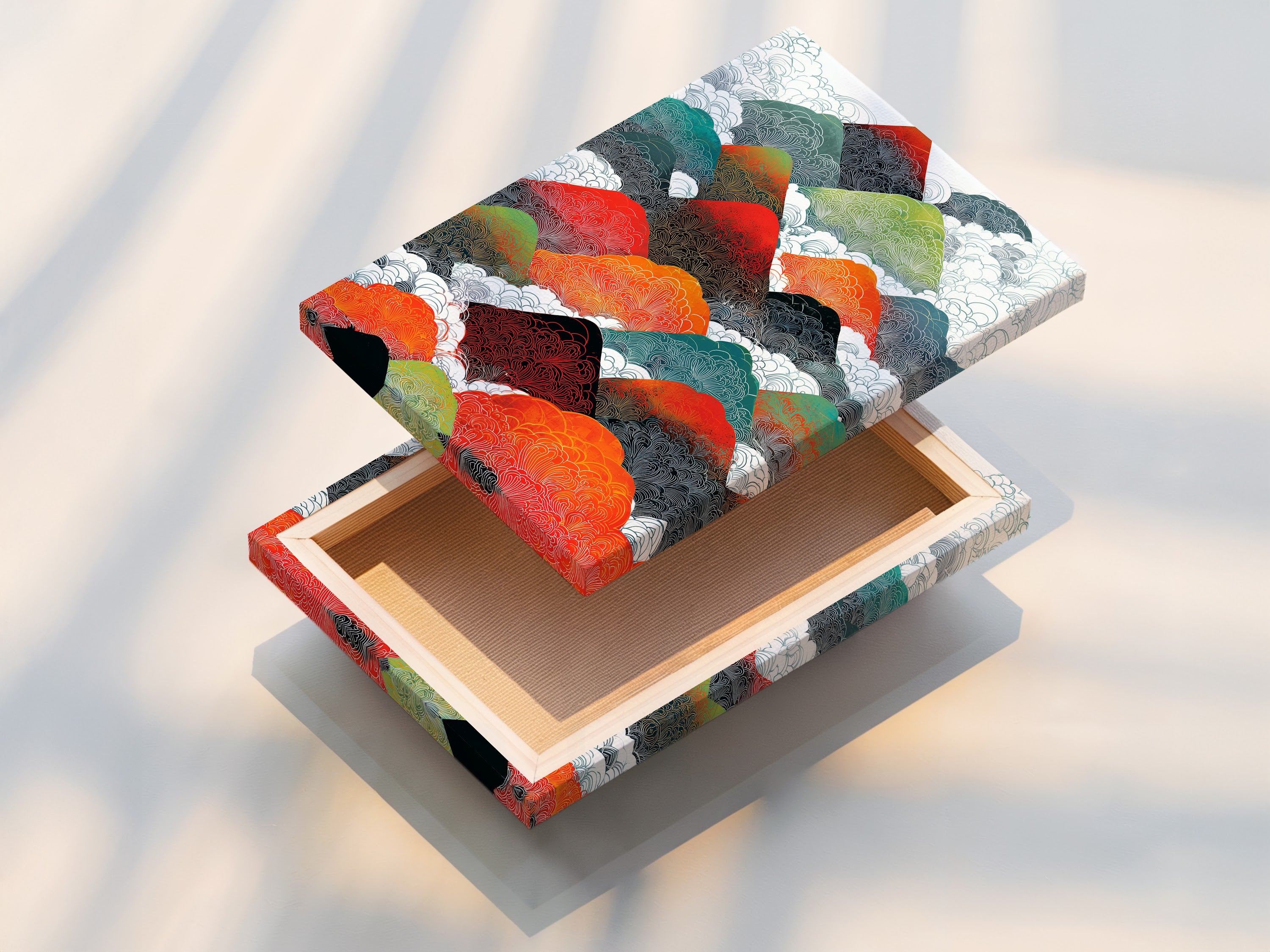 This stretched canvas print features mountain range artwork. The abstract print is ready to hang and admire. The geometric canvas adds a modern touch. Brighten your space with colorful wall art today. This is ideal for bedroom wall decor.
