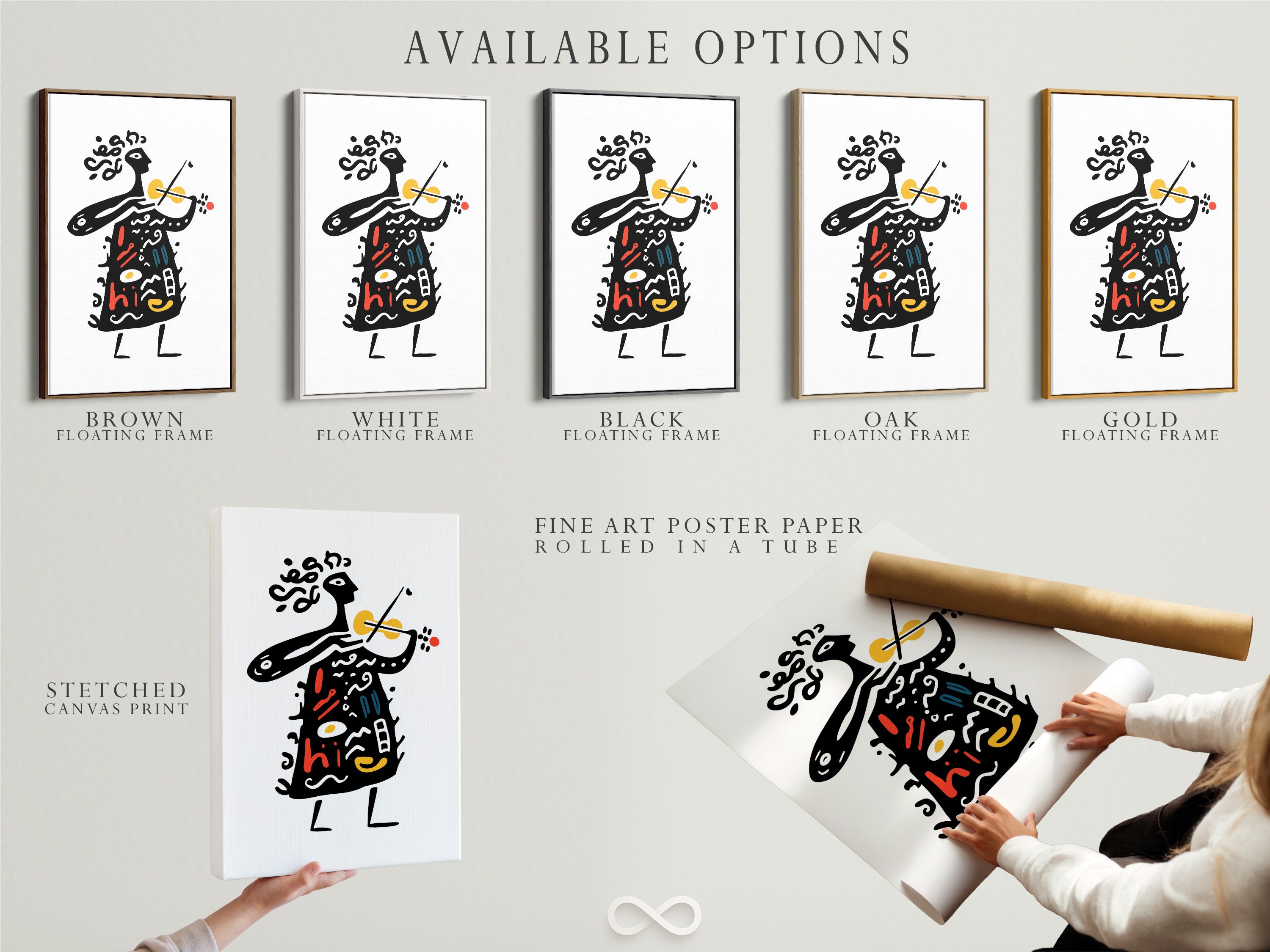 Available options for art prints. Choose from stretched canvas prints. Or select fine art poster paper. Consider a floating frame. Pick the perfect combination to showcase your favorite artwork. Many options are available.