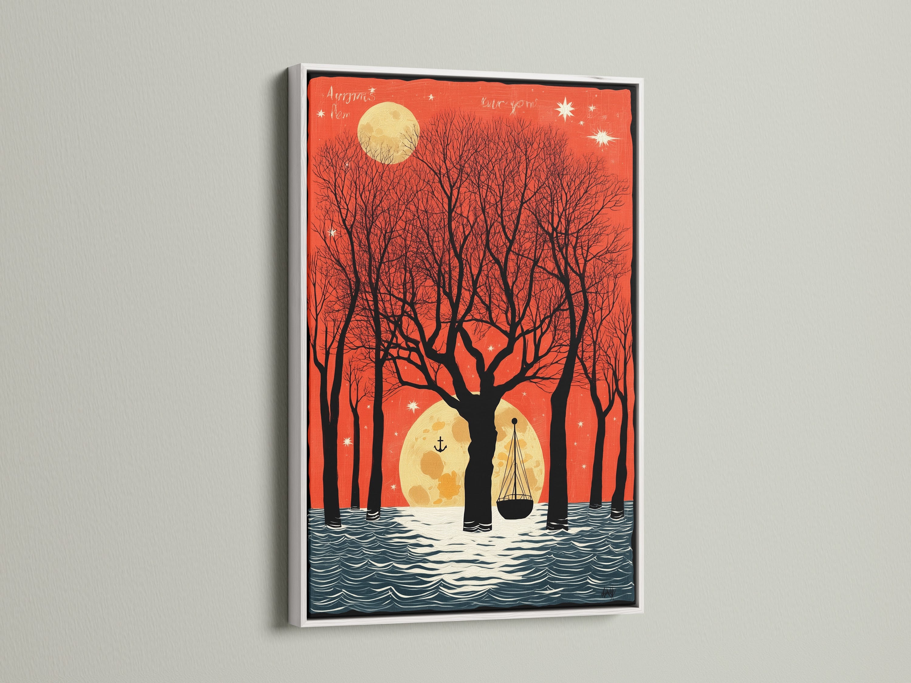 A moonlit boat artwork set in a white frame. This coastal wall art adds a bright touch to any interior. The vintage seascape artwork features a striking red sky print. It's ideal for creating a serene atmosphere in your home.