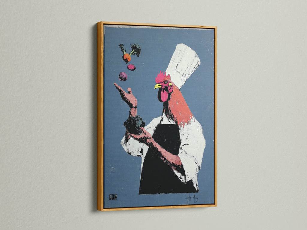 Rooster Chef canvas artwork in a gold frame. The gold frame adds a touch of luxury to this whimsical piece. Ideal for enhancing your dining room or kitchen with a touch of elegance. This animal chef print is sure to impress. View this opulent gold frame option.