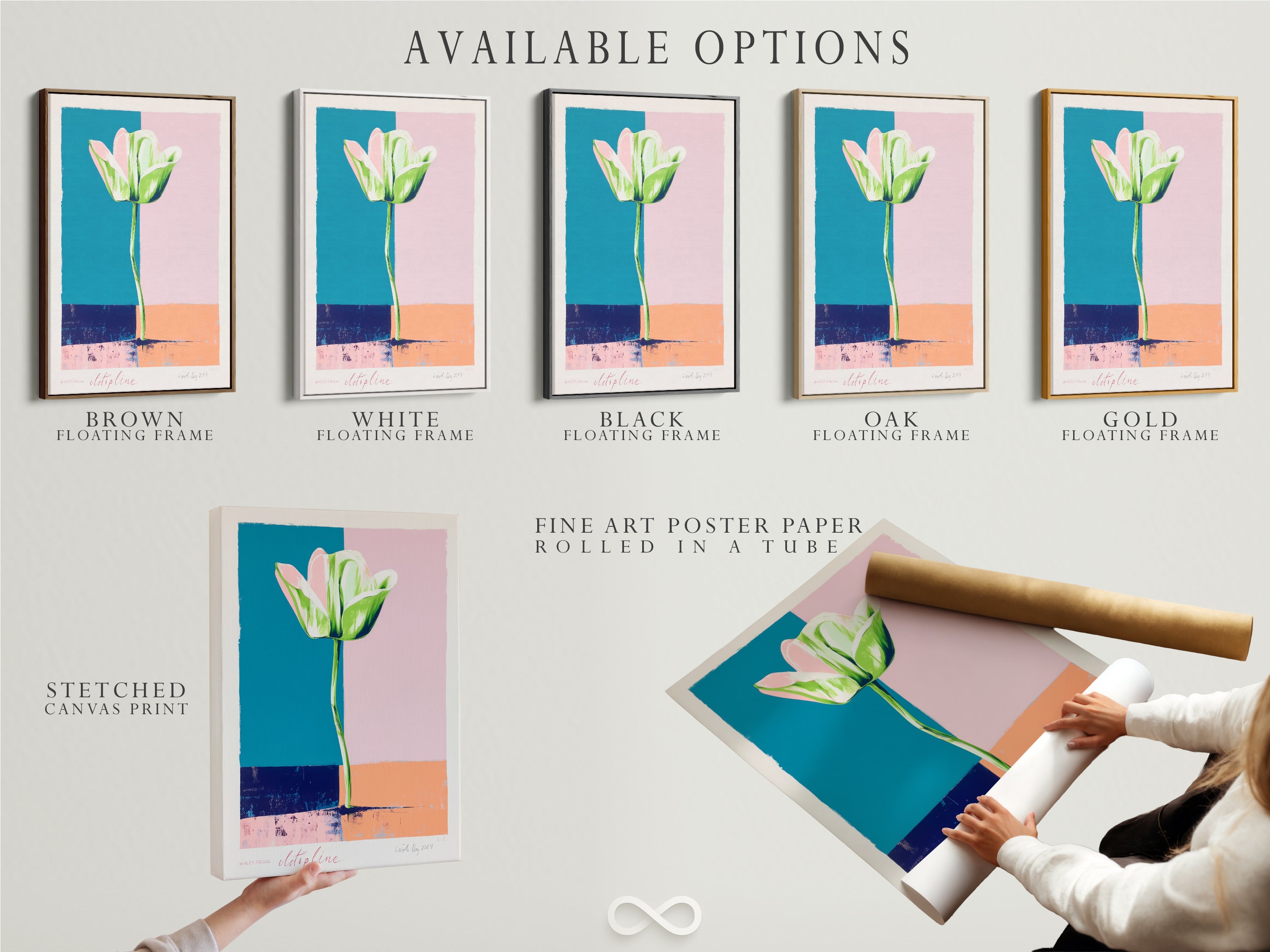 Explore available options for this beautiful tulip artwork. Choose from a stretched canvas print fine art poster paper or a floating frame. Customize your art to perfectly match your style and decor. Create a unique display.