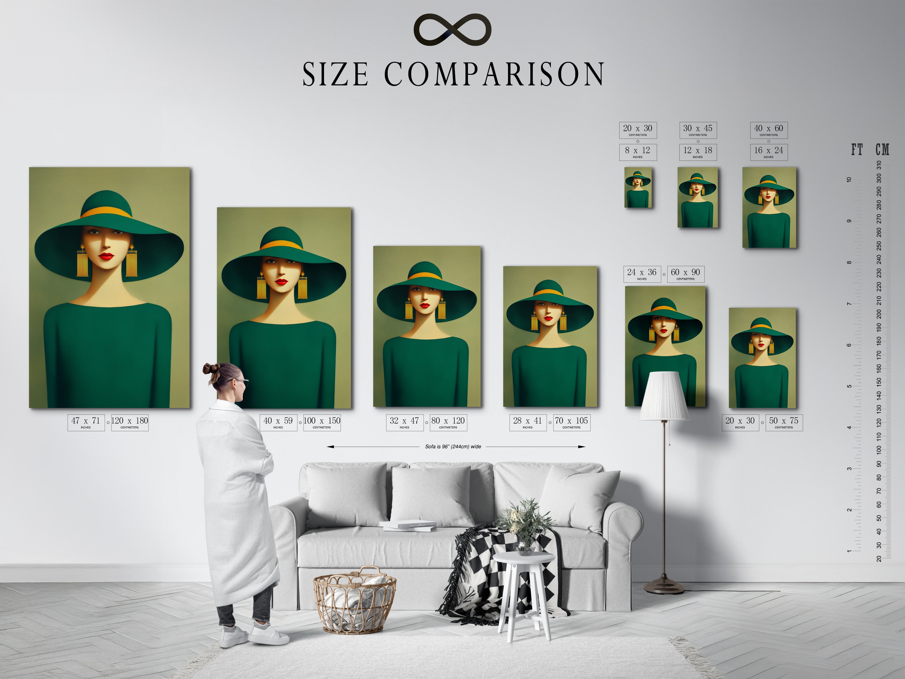 A size comparison chart is shown in an interior setting. This chart helps visualize the different sizes available for the elegant woman portrait artwork. See how each size fits your space. Plan your wall art installation.