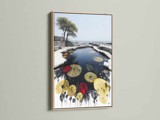 A close-up shows the natural beauty of an oak frame. This frame enhances the Japanese Zen Garden Art Koi Pond Print. It provides a warm and organic feel. Ideal for minimalist coastal and Asian-inspired rooms
