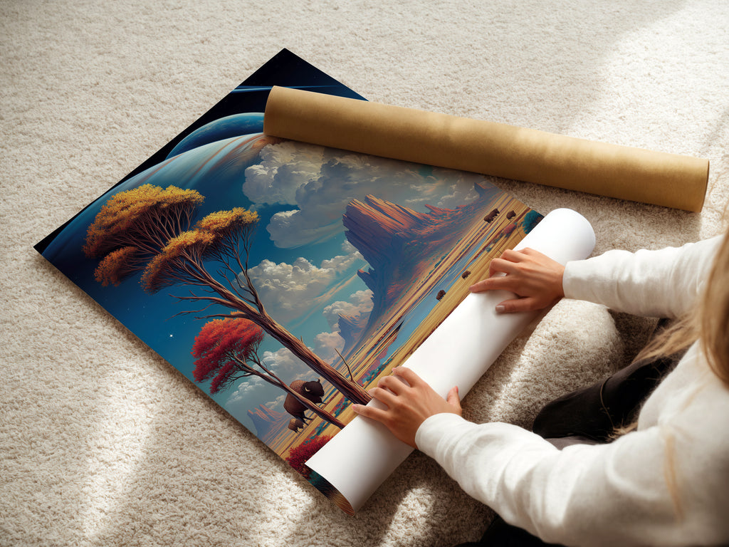 A woman carefully rolls a fine art poster paper. The artwork showcases a bison landscape in Southwestern style. This Monument Valley art is perfect for detailed nature prints. High-quality materials ensure lasting beauty for discerning art lovers.