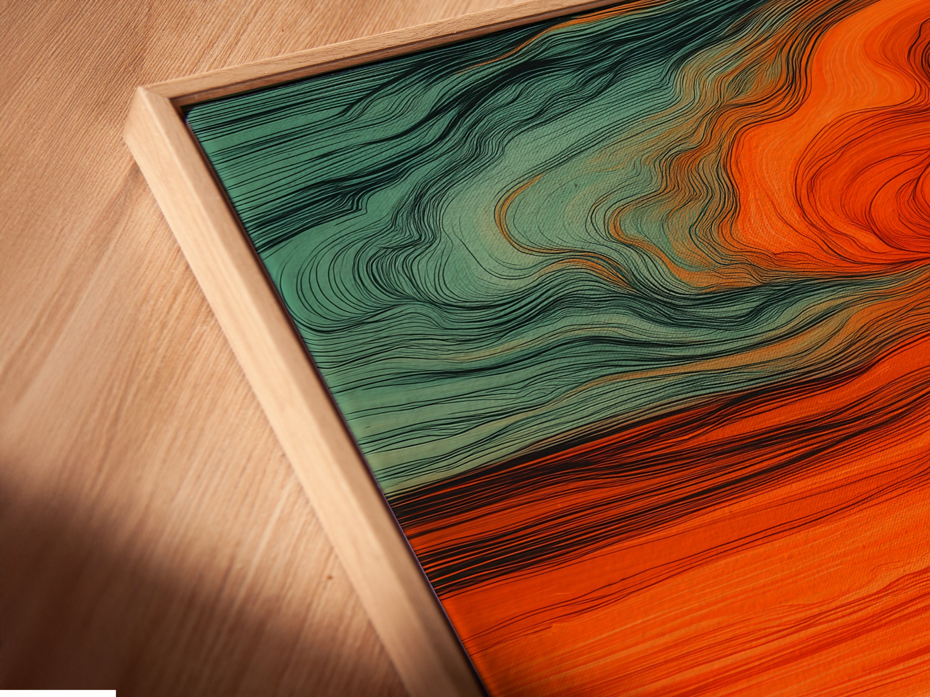 An angled close up shows a canvas print in a floating frame. The farmhouse landscape artwork includes sheep a windmill a house and a sunset. The floating frame gives a modern look. It enhances the artwork's visual appeal for any room.