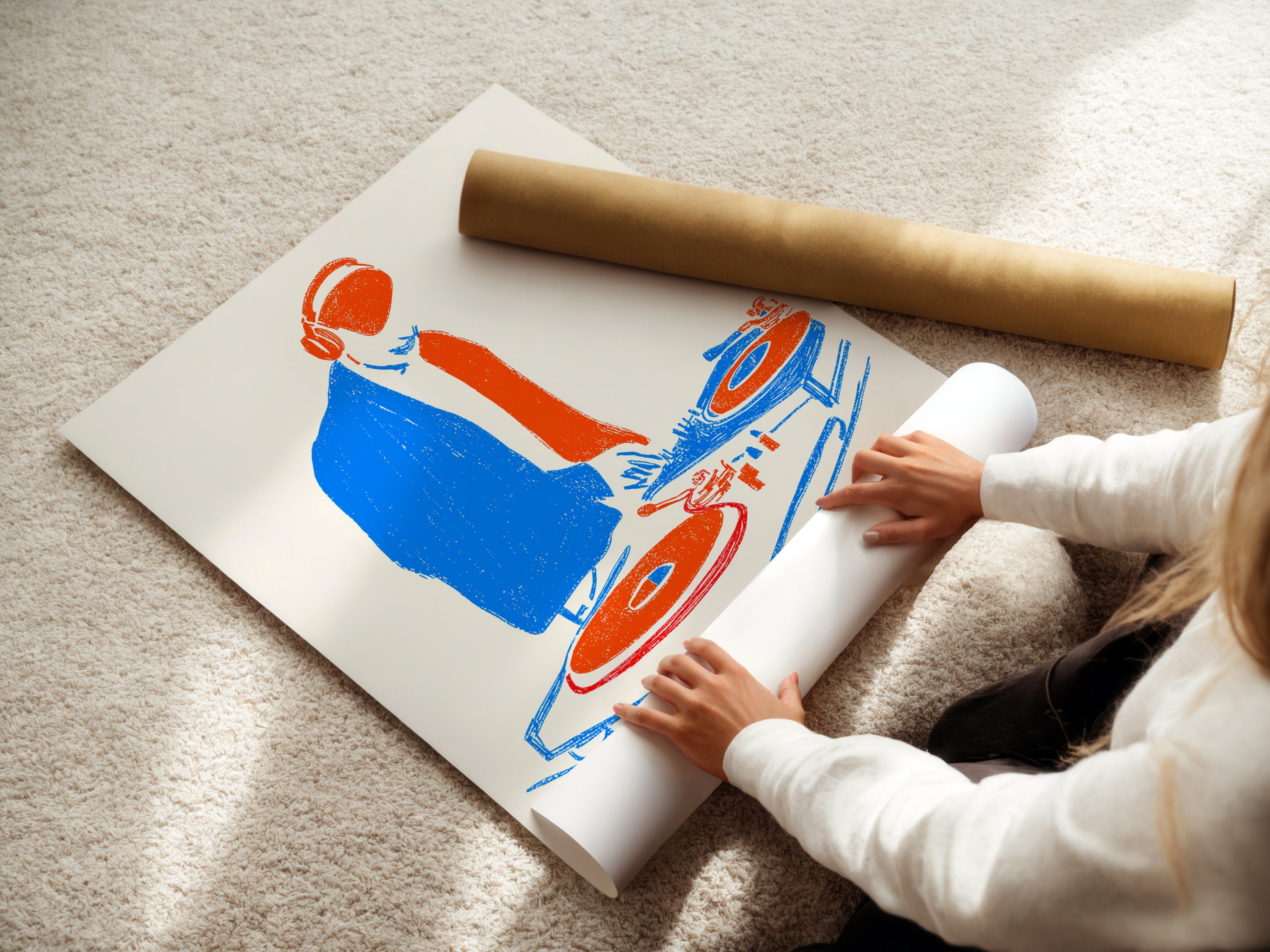 A woman is carefully rolling a fine art poster paper. The paper features the DJ Turntable art. This retro poster is perfect for music lovers. It's ideal for adding a vintage touch. The fine art poster paper ensures quality and longevity. This print is a great addition to any collection.