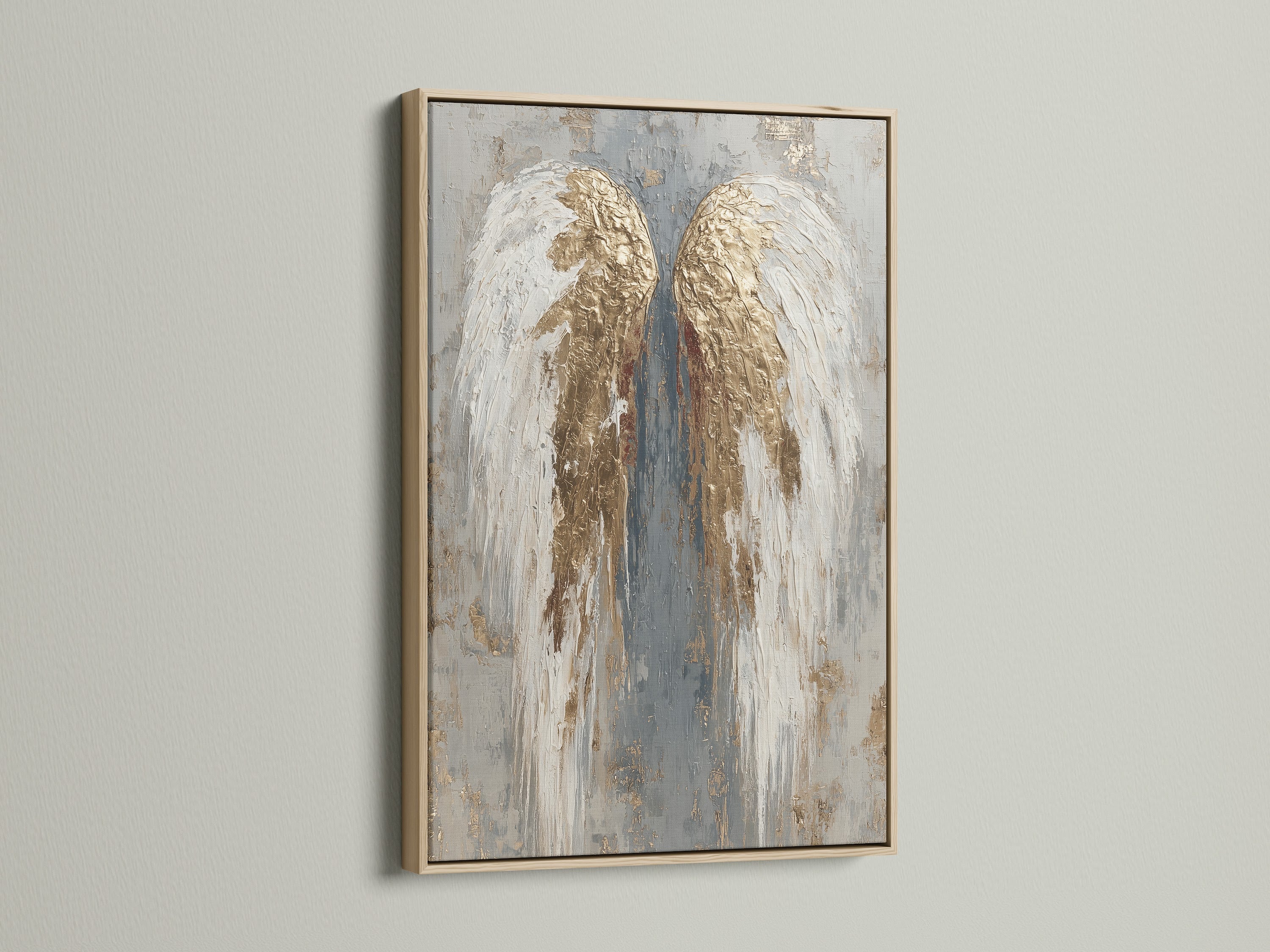 The angel wings artwork is encased in an oak frame. The artwork is displayed on a white wall. The oak frame provides a natural and warm aesthetic. This enhances the artwork's beauty and brings a touch of nature indoors.