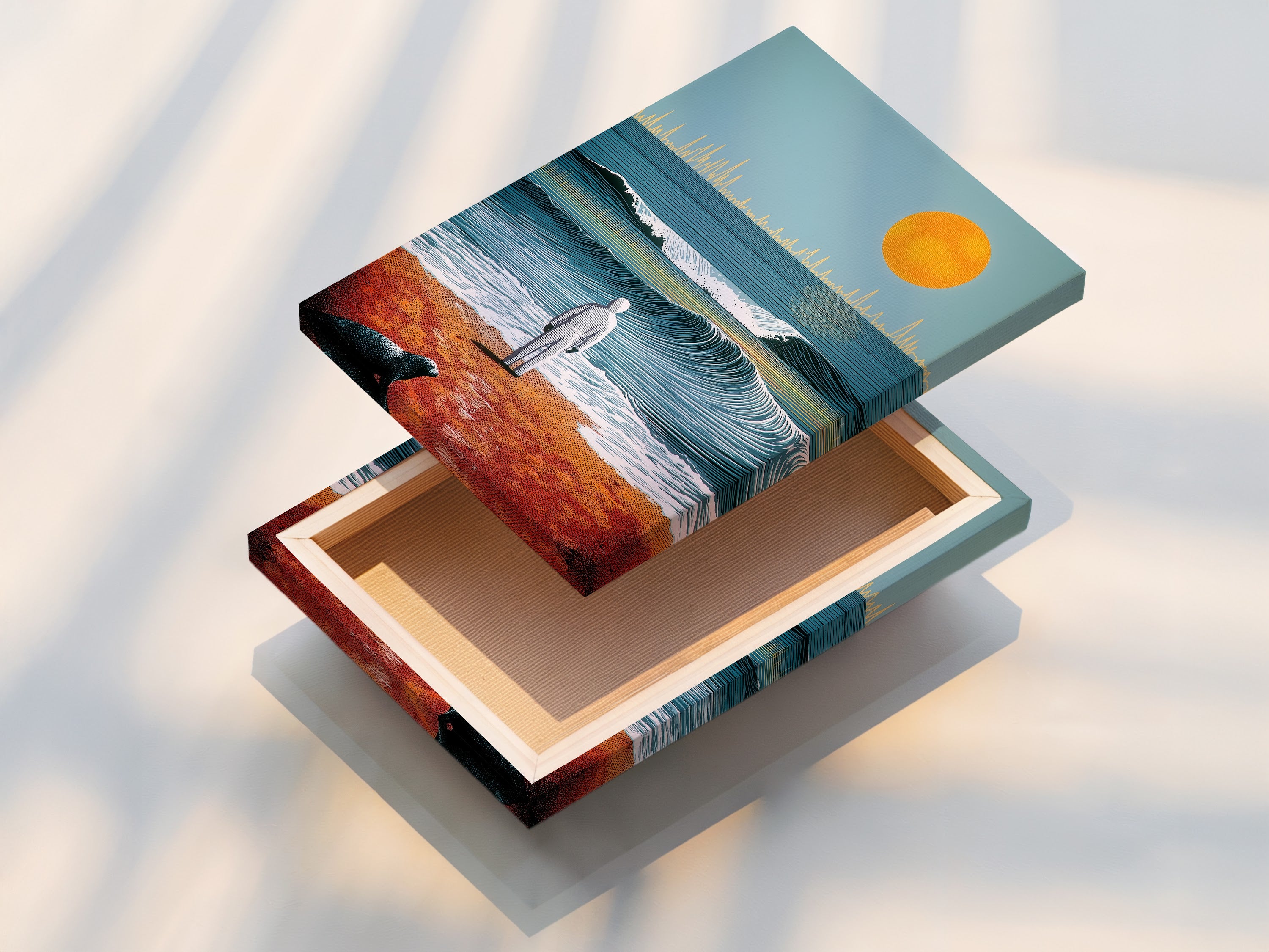 A stretched canvas print of the ocean sunset artwork. The surreal wave illustration wraps seamlessly around the frame. This provides a gallery-quality look. Perfect for living room wall art and coastal wall decor. Ready to hang